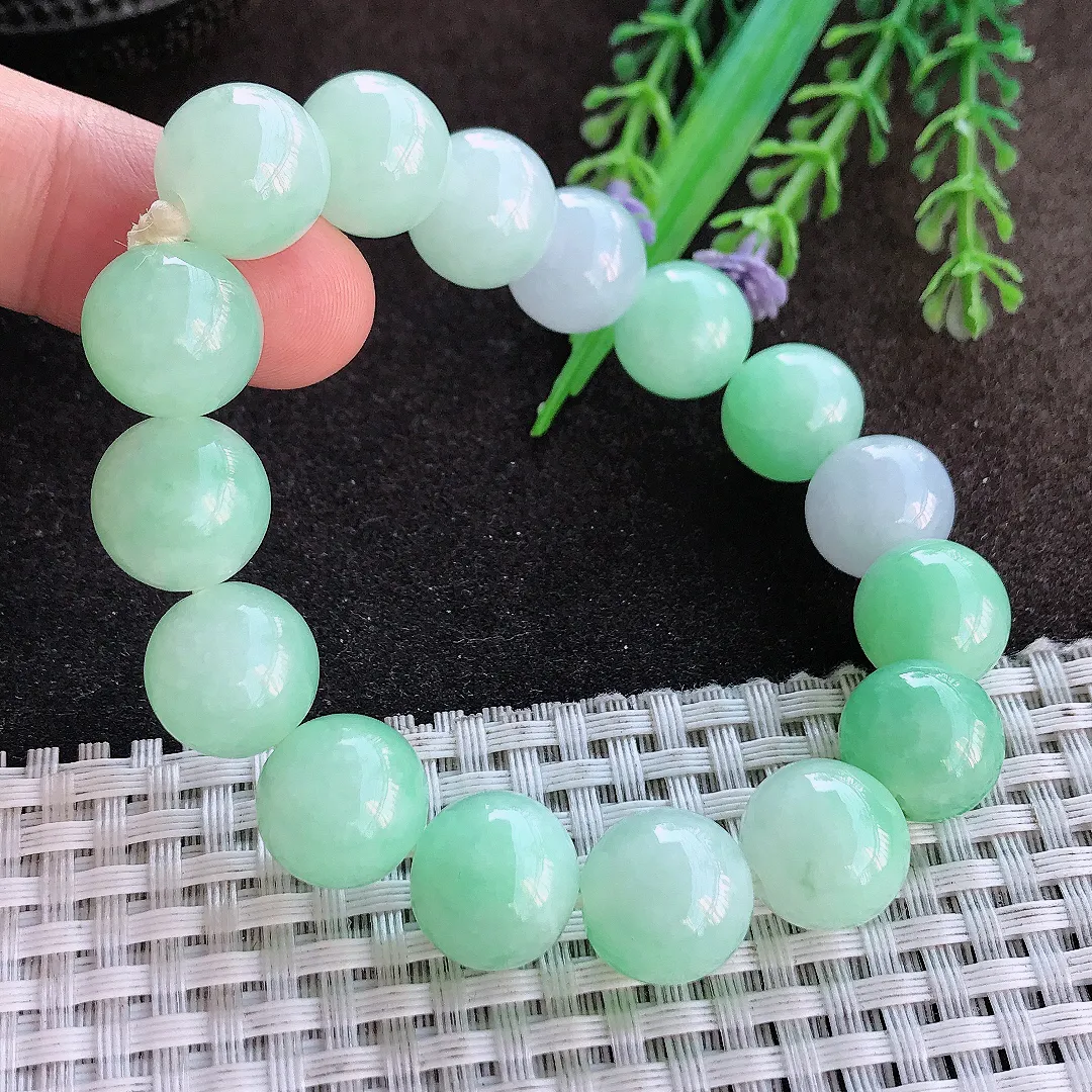 天然a货翡翠12.8/16颗老坑冰润水灵甜绿色圆珠手链翡翠玉珠手串