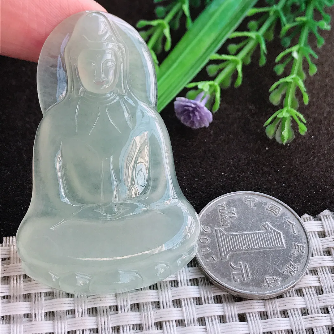 天然a货翡翠56/36.6/5.8老坑冰胶水灵冰晴素衣观音吊坠翡翠玉挂件