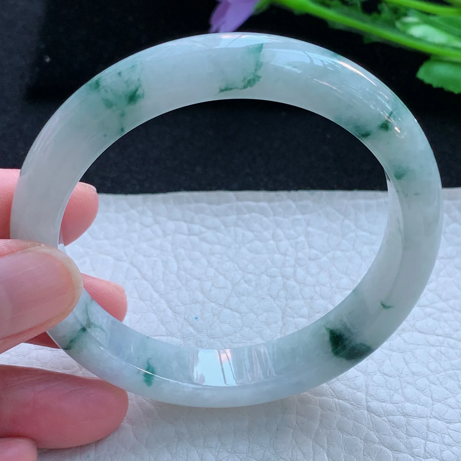 jx自然光58.5*12*8平安镯 缅甸翡翠a货玉手镯冰飘花宽边玉手环