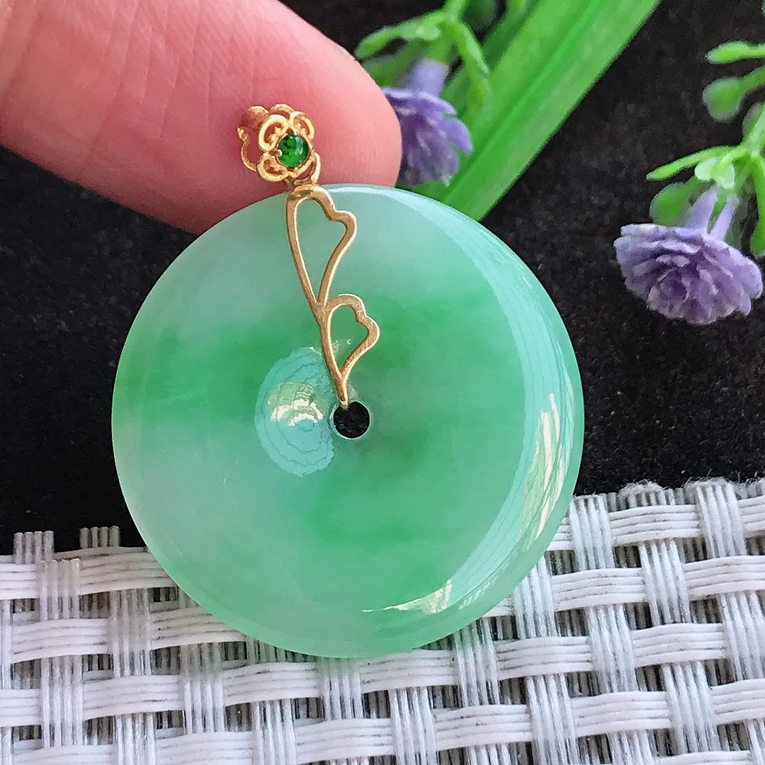 天然a货翡翠28.6/3.9老坑18k金镶嵌冰胶苹果绿平安扣吊坠翡翠玉挂件