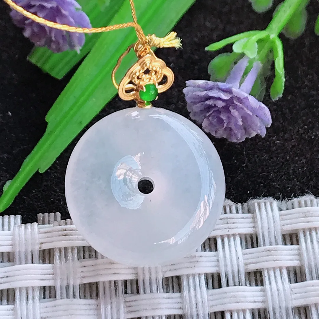 天然a货翡翠16/5.5老坑18k金镶嵌冰胶水灵小平安扣吊坠翡翠玉挂件