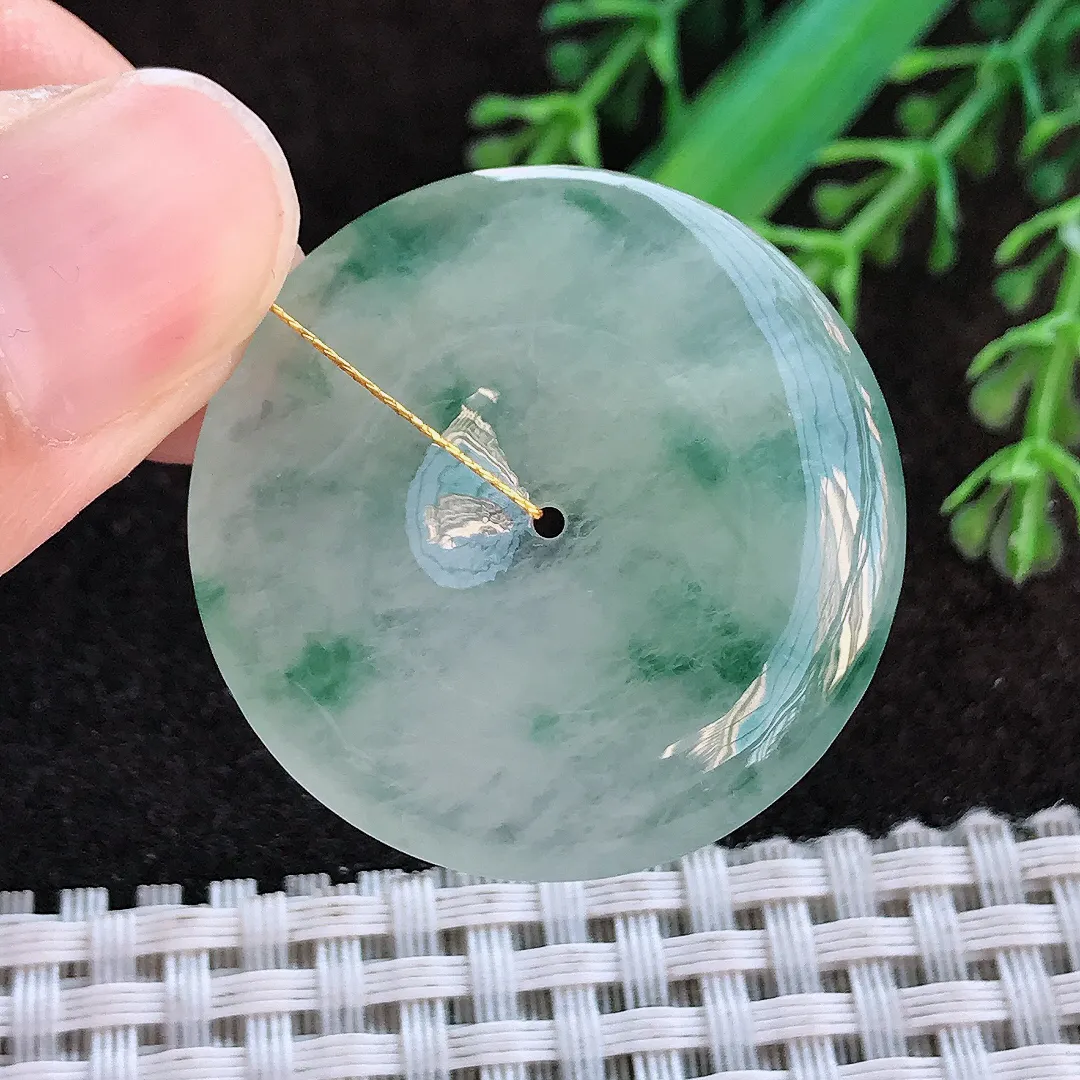 天然a货翡翠33.8/6老坑冰胶水灵飘花平安扣吊坠翡翠玉挂件