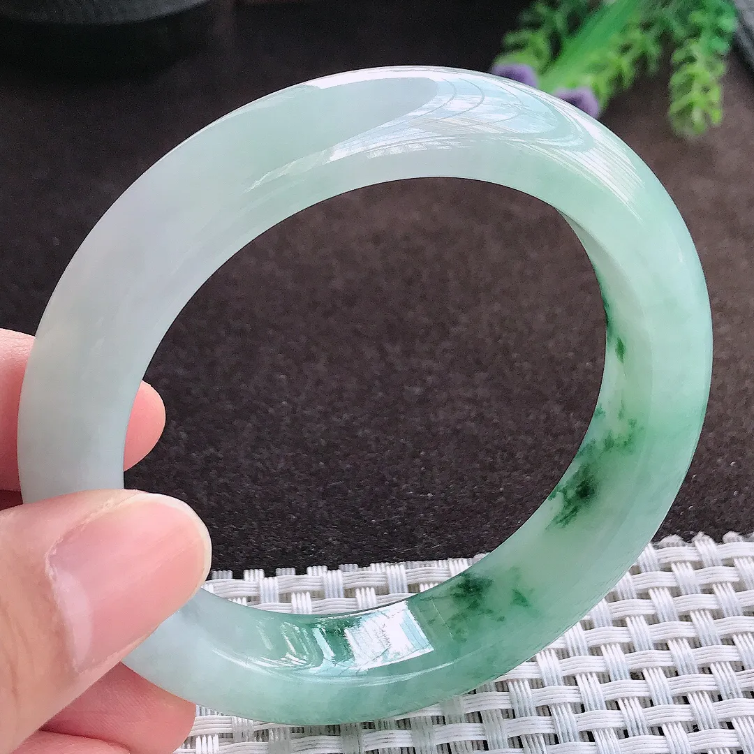 天然a货翡翠57.2/13.3/9.4老坑冰胶果冻飘花手镯宽边玉手镯