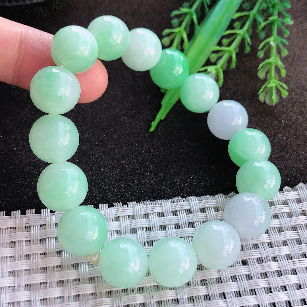天然a货翡翠12.8/16颗老坑冰润水灵甜绿色圆珠手链翡翠玉珠手串