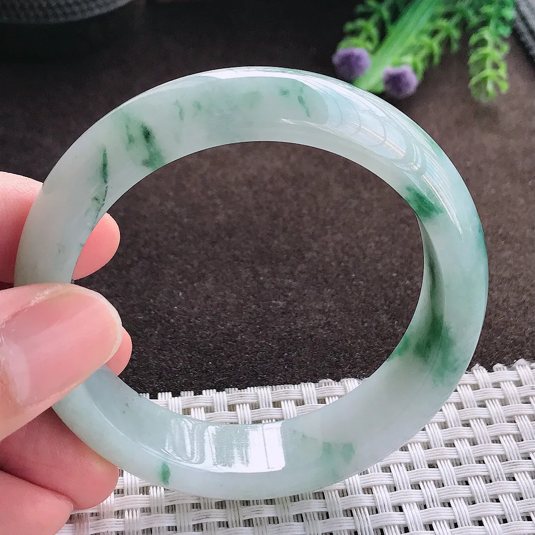 天然a货翡翠55.5/14.5/8.5老坑冰润水灵飘花手镯宽边玉手镯