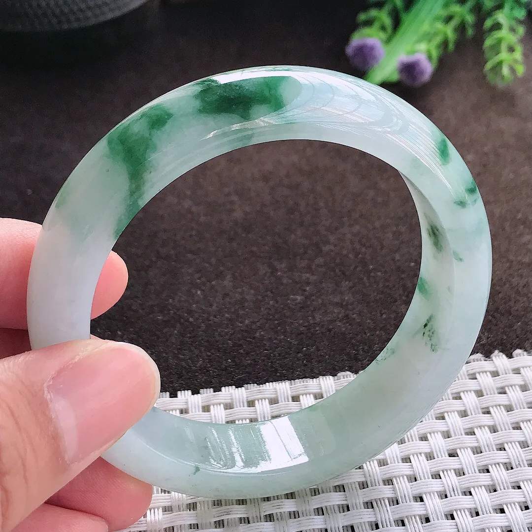 天然a货翡翠55.5/14.5/8.5老坑冰润水灵飘花手镯宽边玉手镯