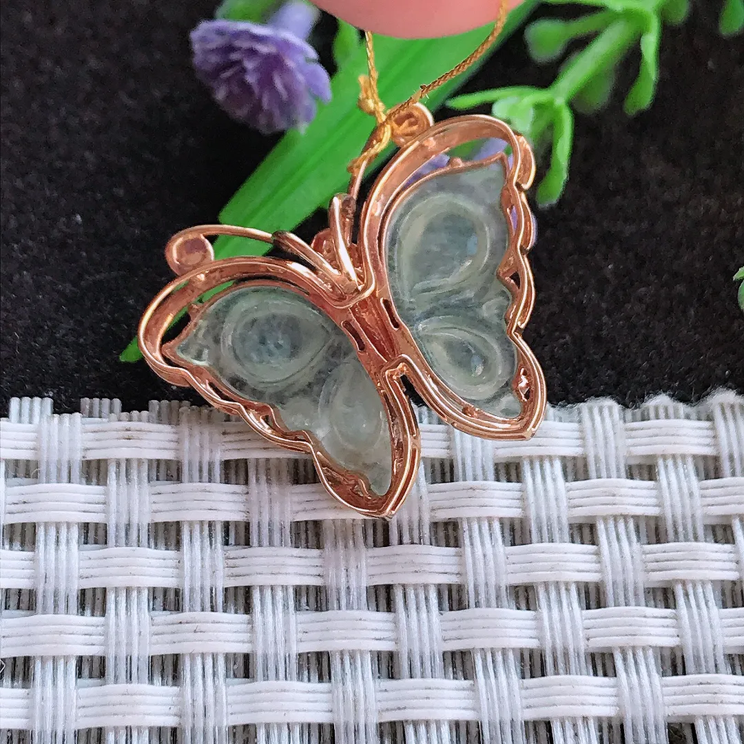 天然a货翡翠20.9/26.3/6.5老坑18k金镶嵌冰种蝴蝶吊坠翡翠玉挂件