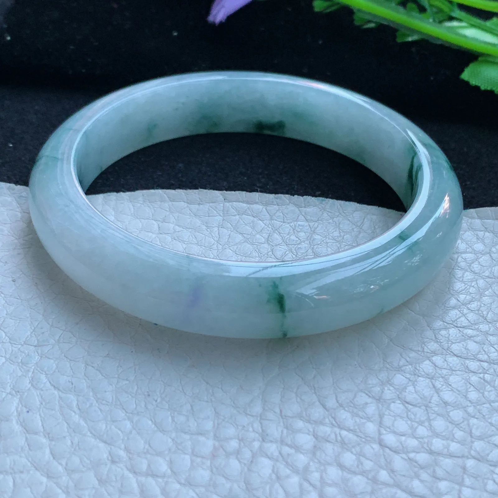 jx自然光58.5*12*8平安镯 缅甸翡翠a货玉手镯冰飘花宽边玉手环