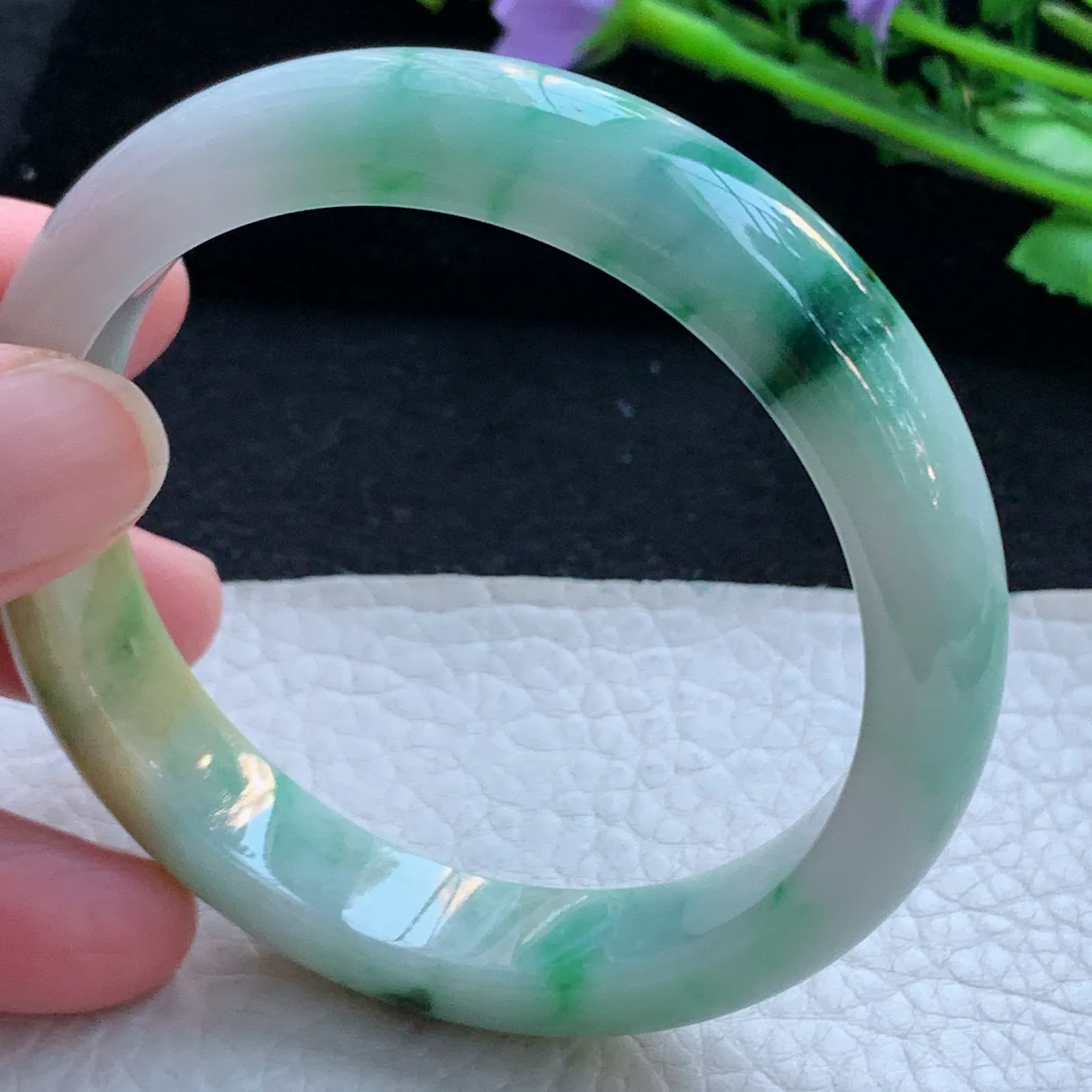 h自然光57.5*12*8平安镯 缅甸翡翠a货玉手镯三彩宽边玉手环