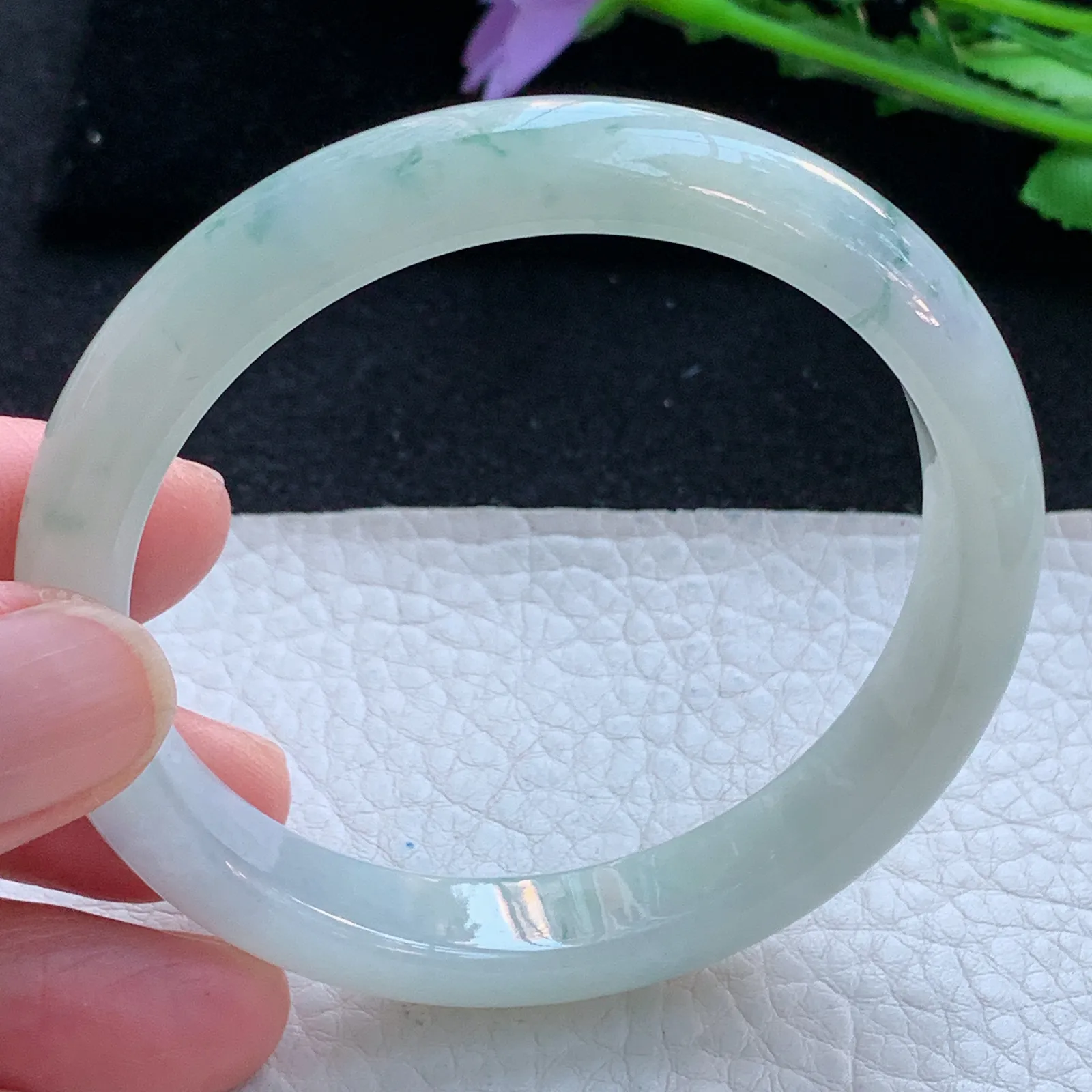 xx自然光56*10.6*7.3平安镯 缅甸翡翠a货玉手镯冰飘花宽边玉手环