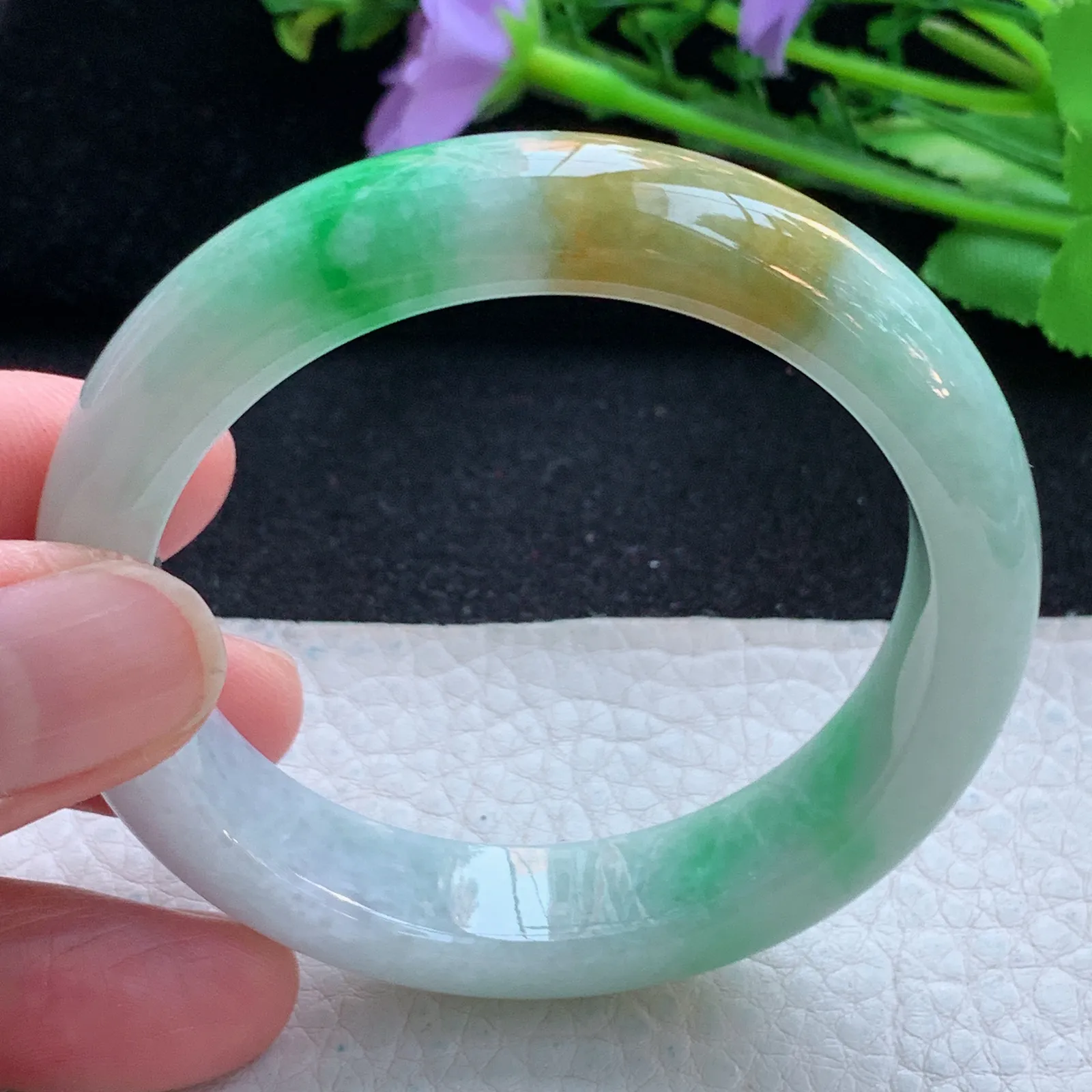 mq小圈口52*12.5*8平安镯 缅甸翡翠a货玉手镯三彩宽边珠宝玉手环