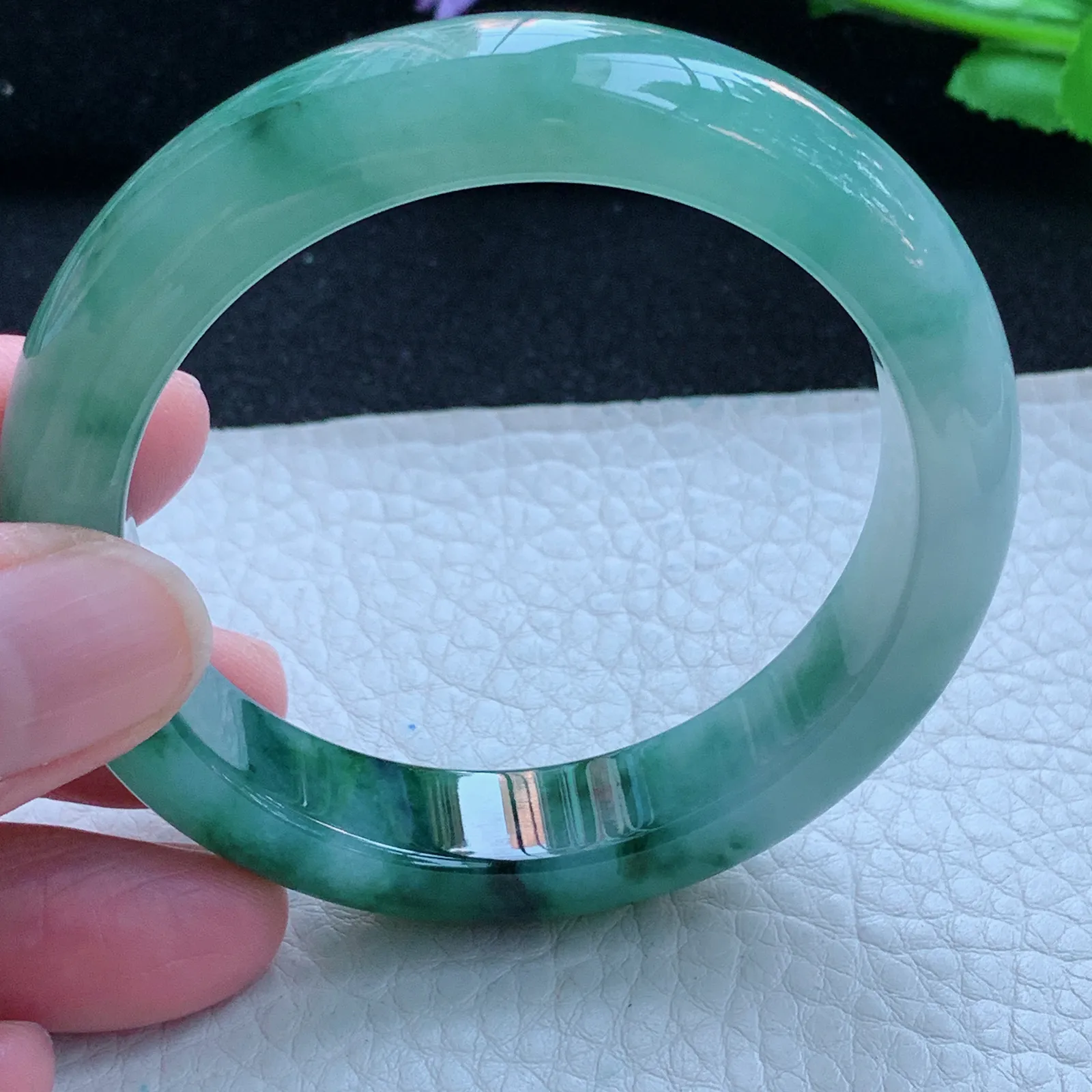 xh自然光53*12.5*8.4平安镯 缅甸翡翠a货玉手镯冰飘花宽边玉手环