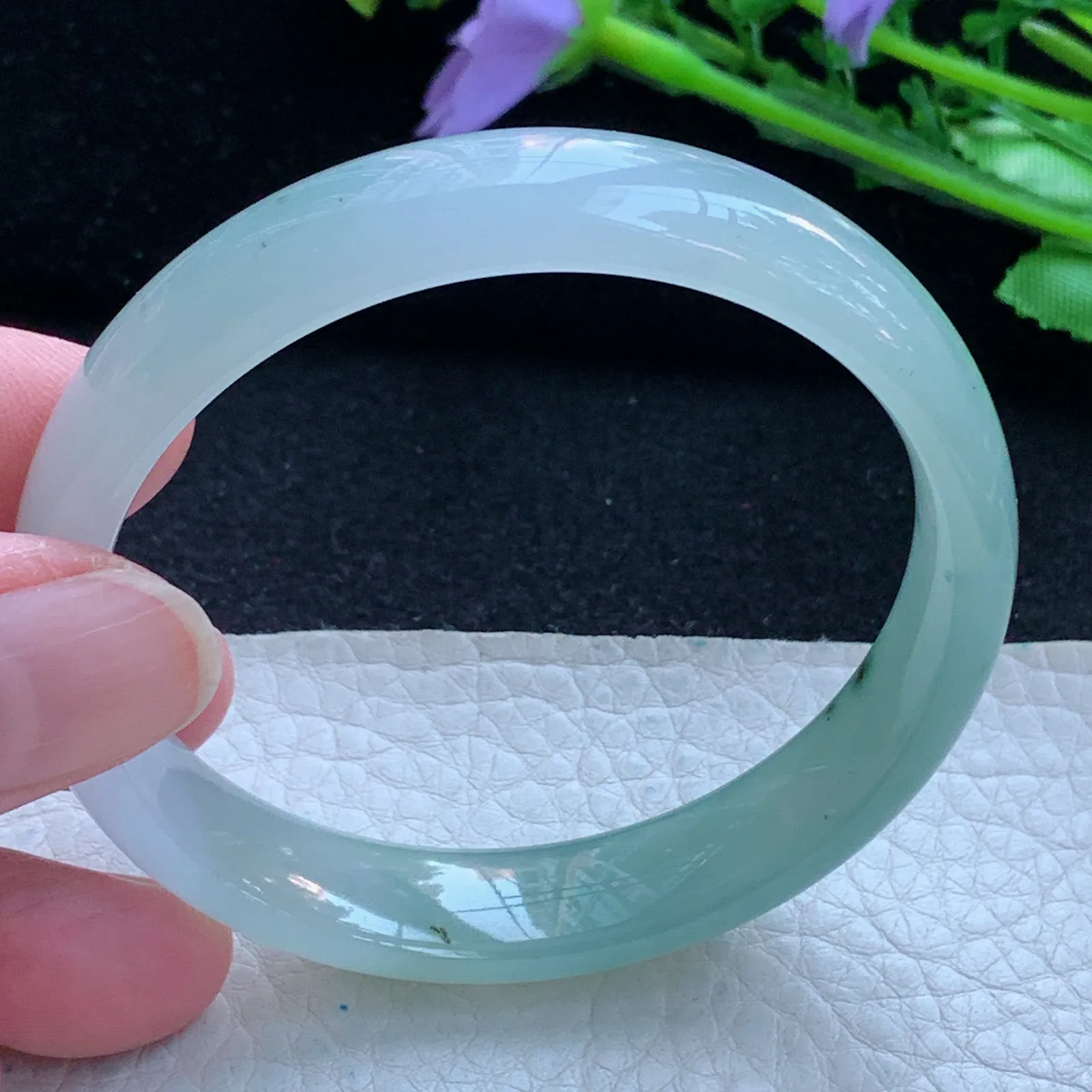 h自然光55*12*6.7平字镯 缅甸翡翠a货玉手镯冰透飘花宽边玉手环