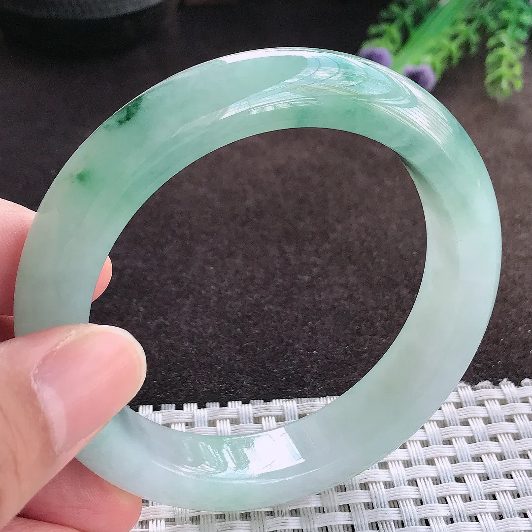 天然a货翡翠57.2/13.3/9.4老坑冰胶果冻飘花手镯宽边玉手镯