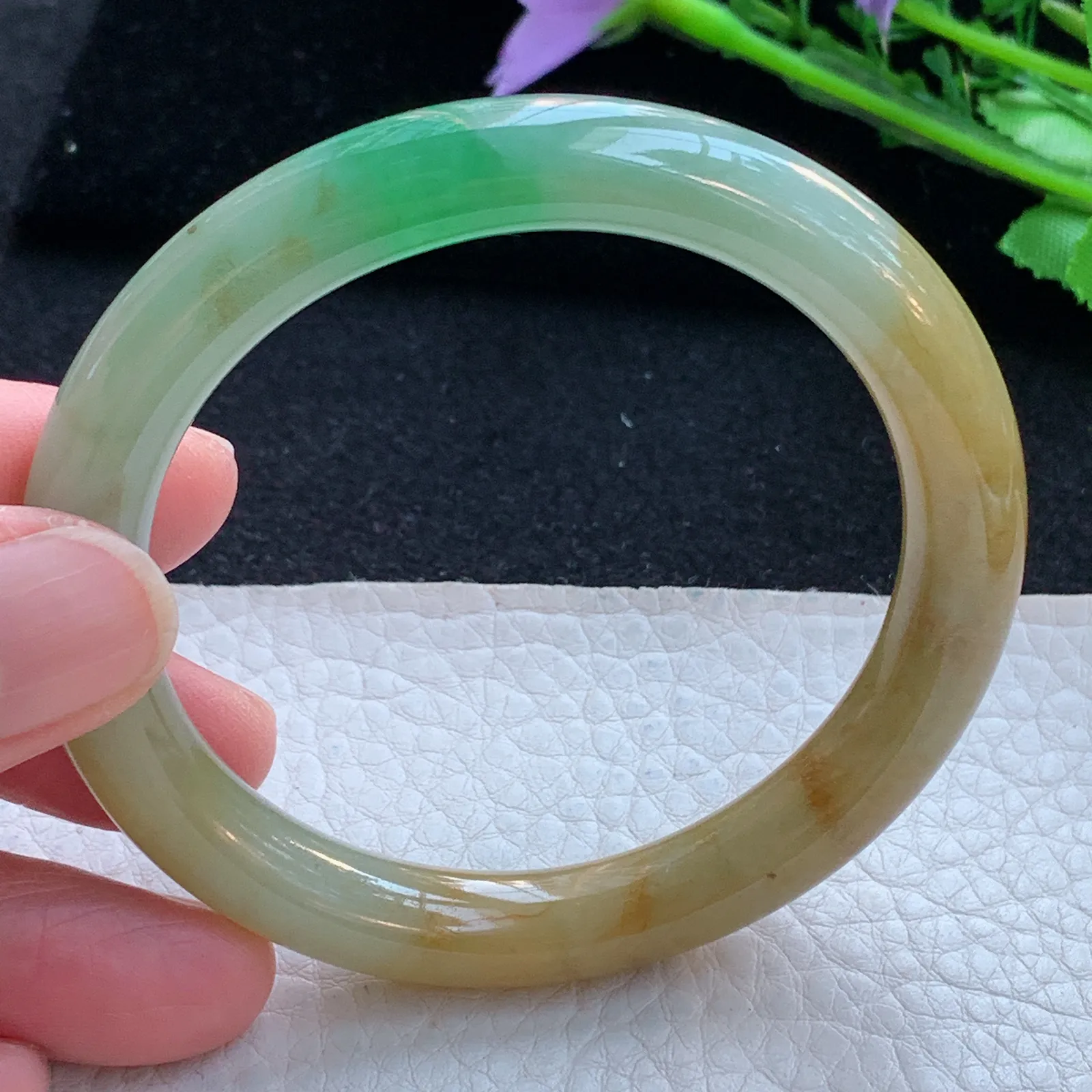 h自然光54.5*9.5*9叮当镯 缅甸翡翠a货玉手镯冰三彩圆条玉手环