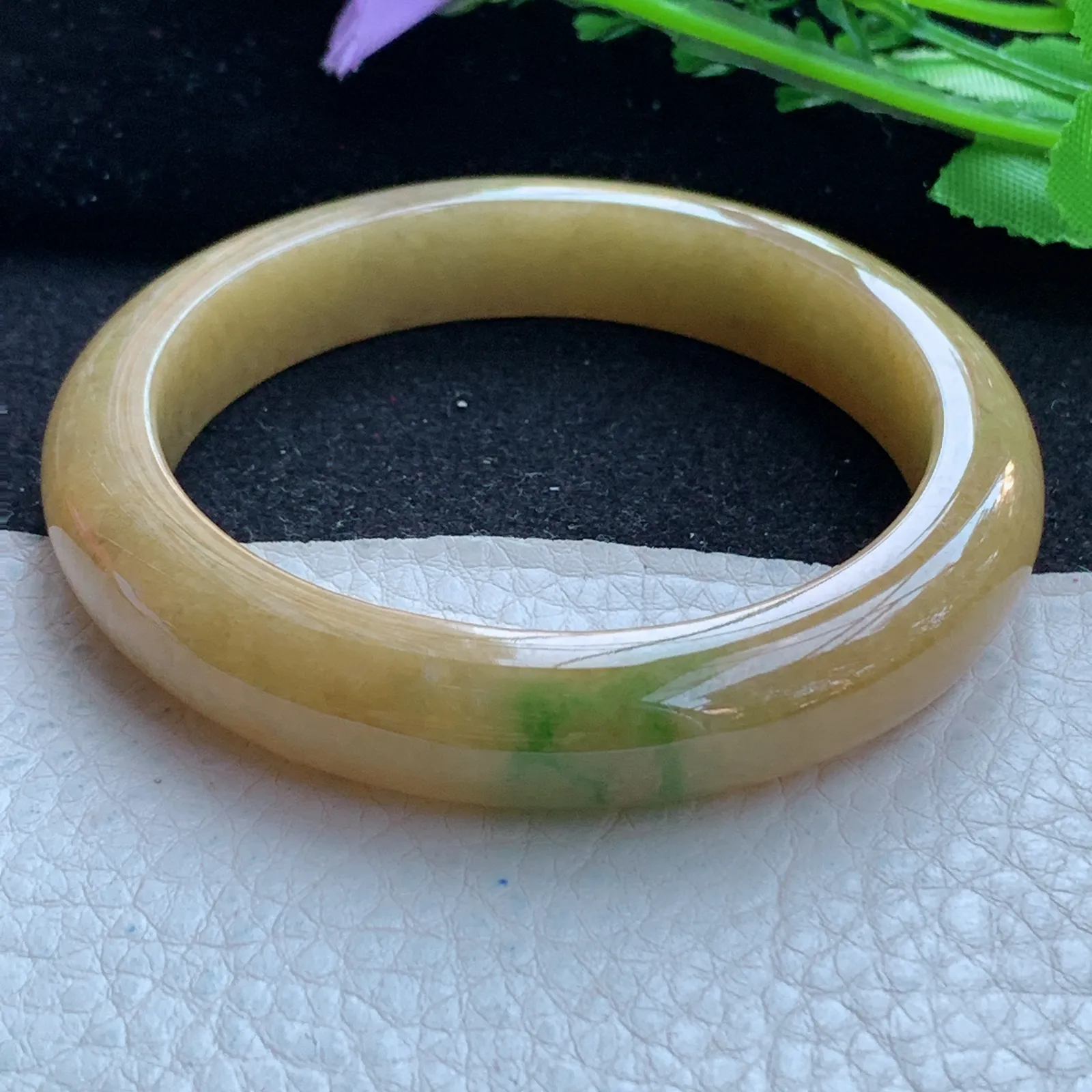 z自然光58*12*8.5平安镯 缅甸翡翠a货玉手镯黄加绿宽边珠宝玉手环