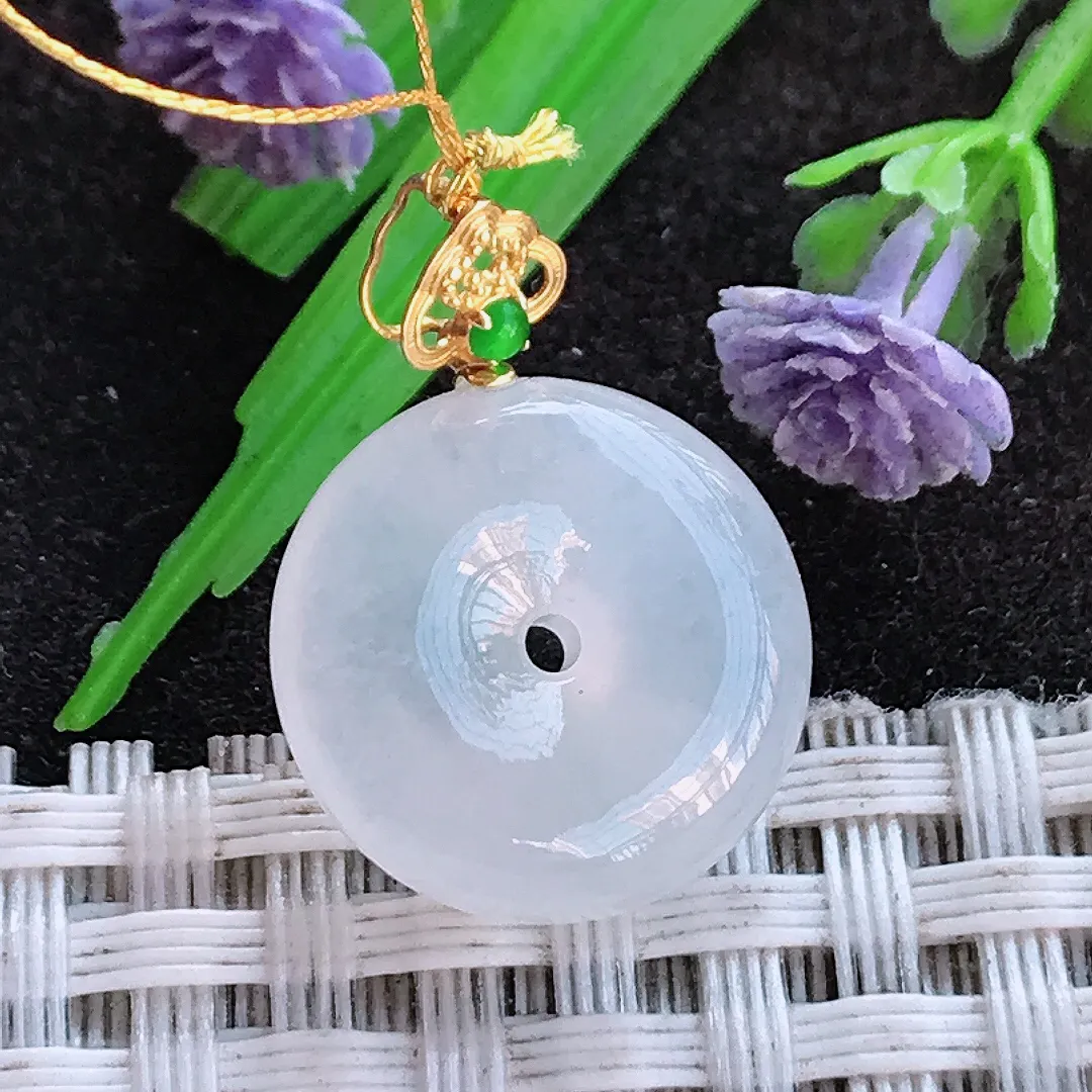 天然a货翡翠16/5.5老坑18k金镶嵌冰胶水灵小平安扣吊坠翡翠玉挂件