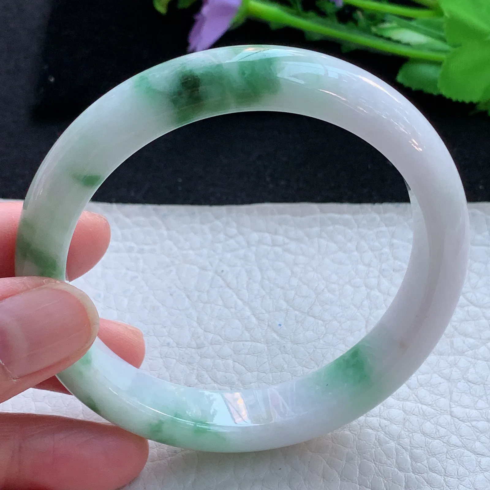 yh大圈口61*12.8*8.5平安镯 缅甸翡翠a货玉手镯飘花宽边玉手环