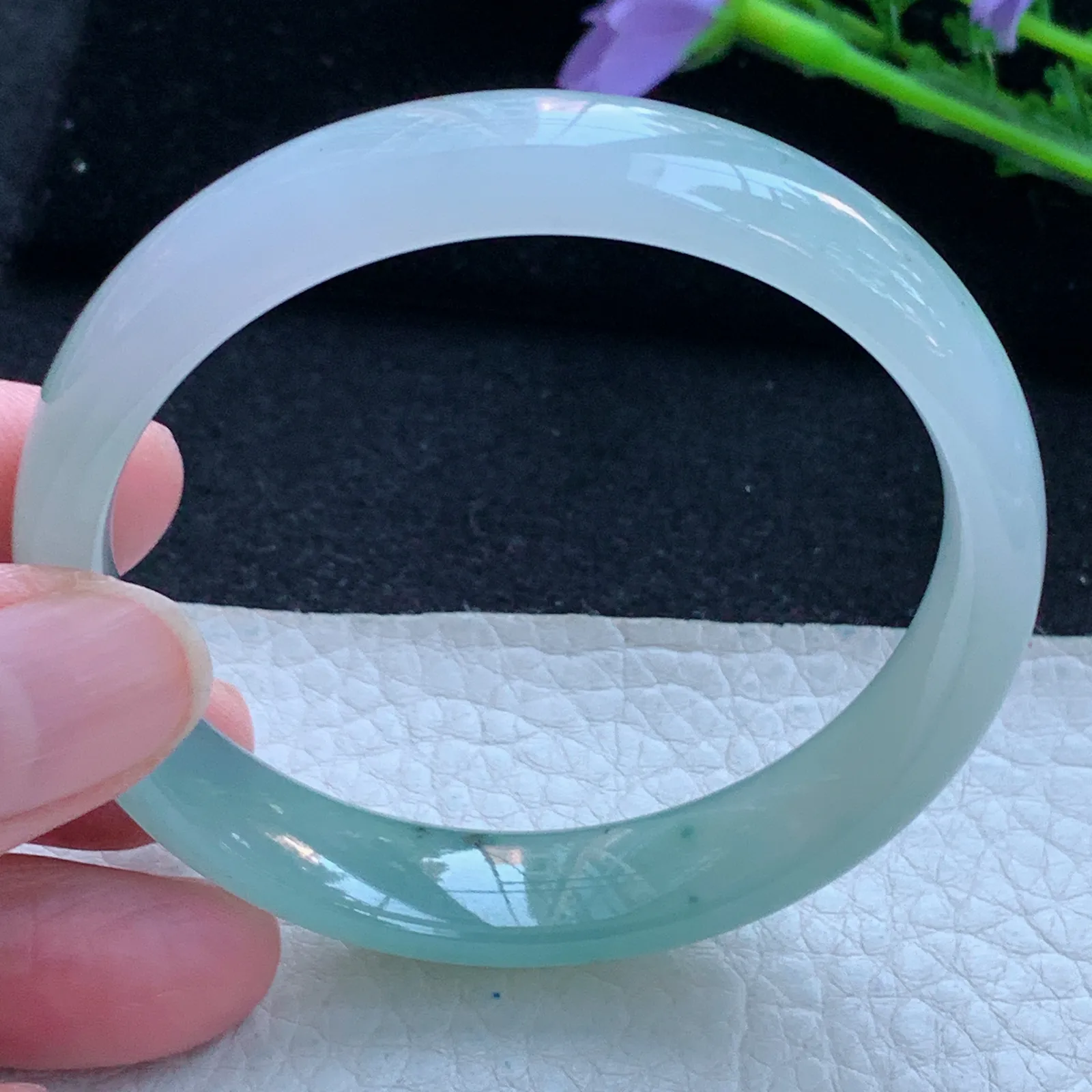 h自然光55*12*6.7平字镯 缅甸翡翠a货玉手镯冰透飘花宽边玉手环