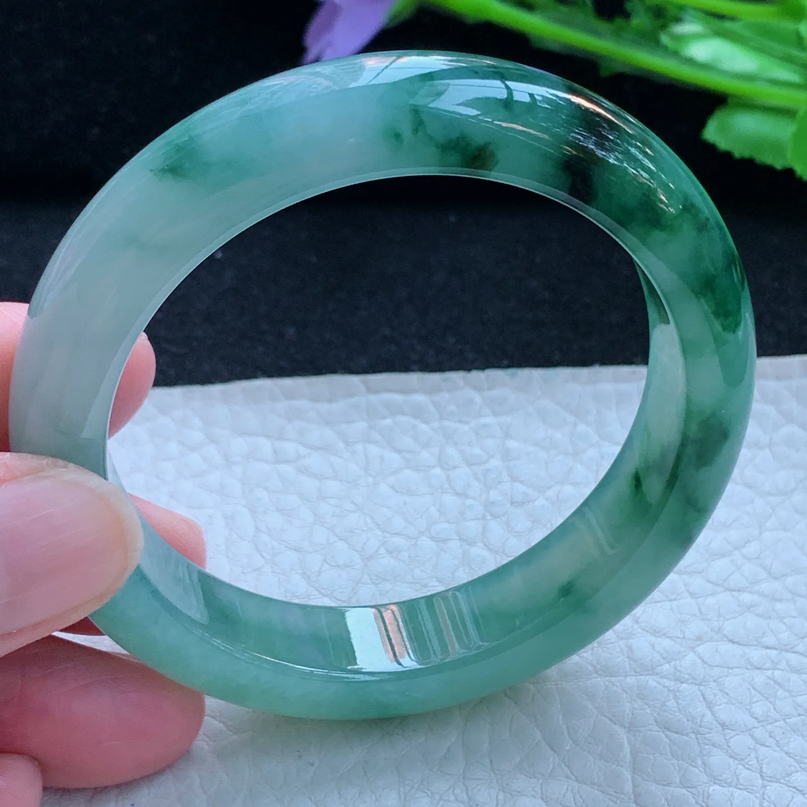 xh自然光53*12.5*8.4平安镯 缅甸翡翠a货玉手镯冰飘花宽边玉手环