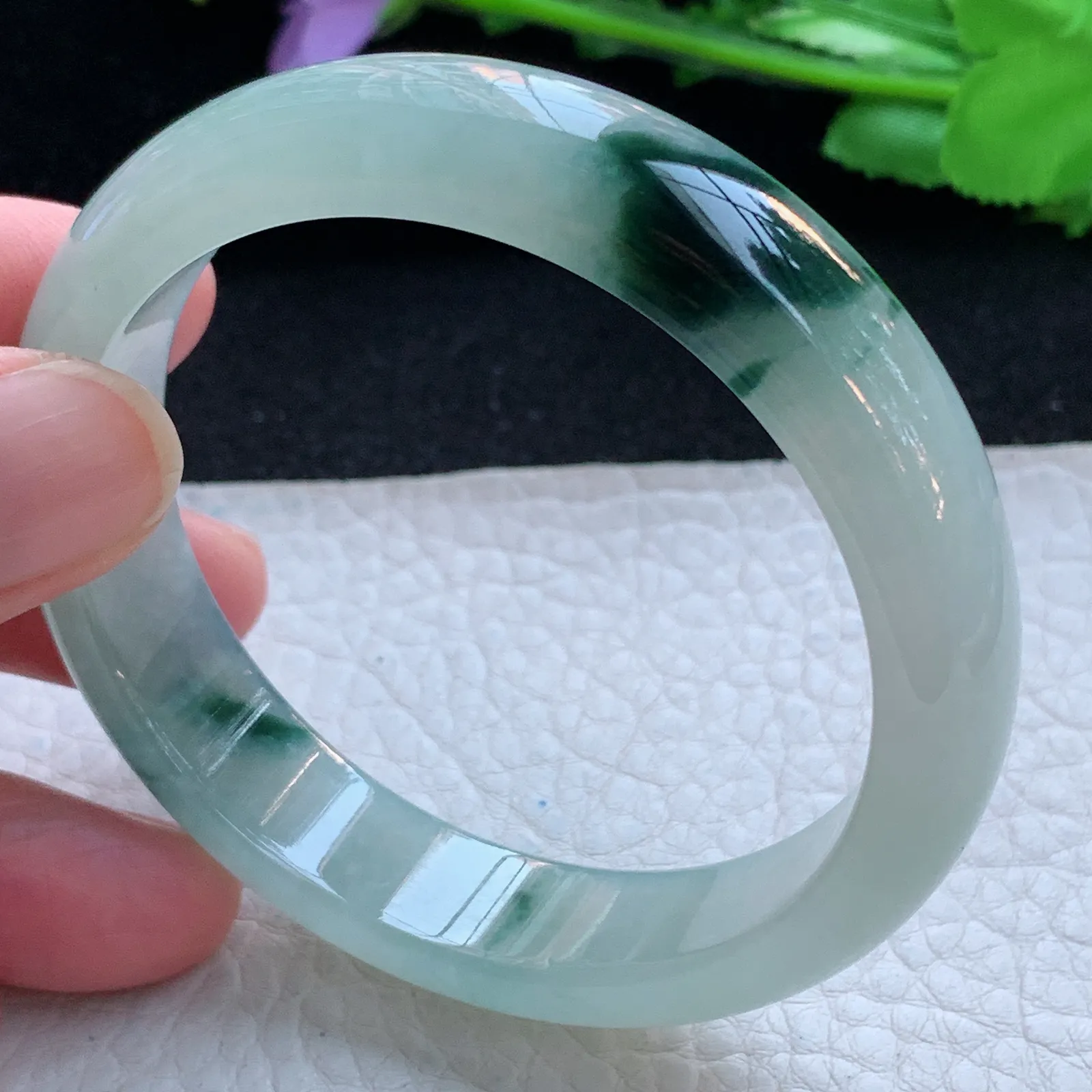 js自然光54.5*12.8*7.2平安镯 缅甸翡翠a货玉手镯冰透飘花宽边玉手环