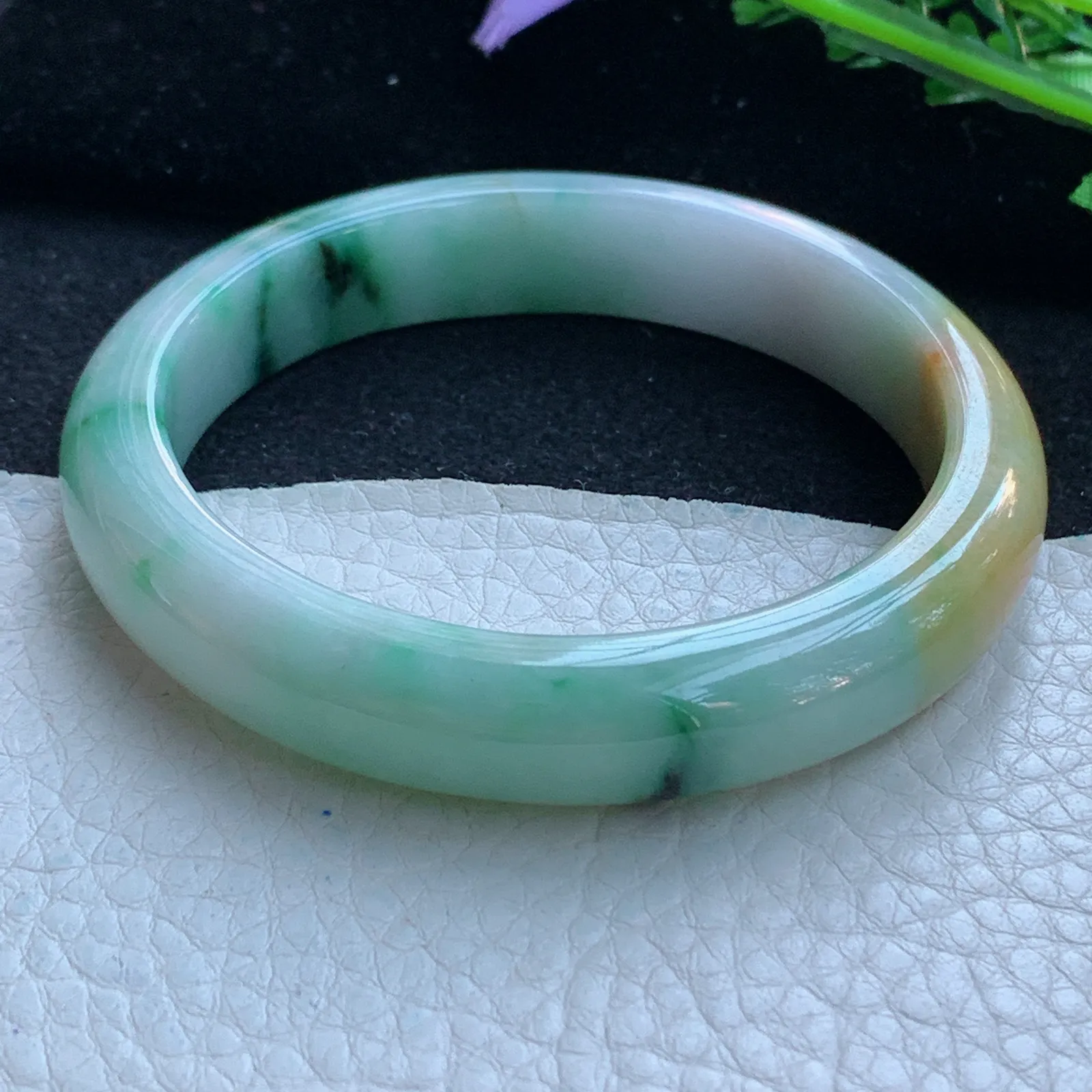 h自然光57.5*12*8平安镯 缅甸翡翠a货玉手镯三彩宽边玉手环