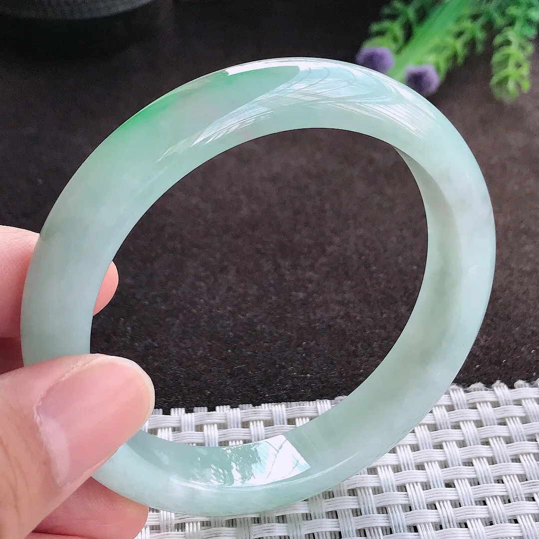天然a货翡翠58.5/12.1/8.2老坑冰胶果冻飘阳绿手镯宽边玉手镯