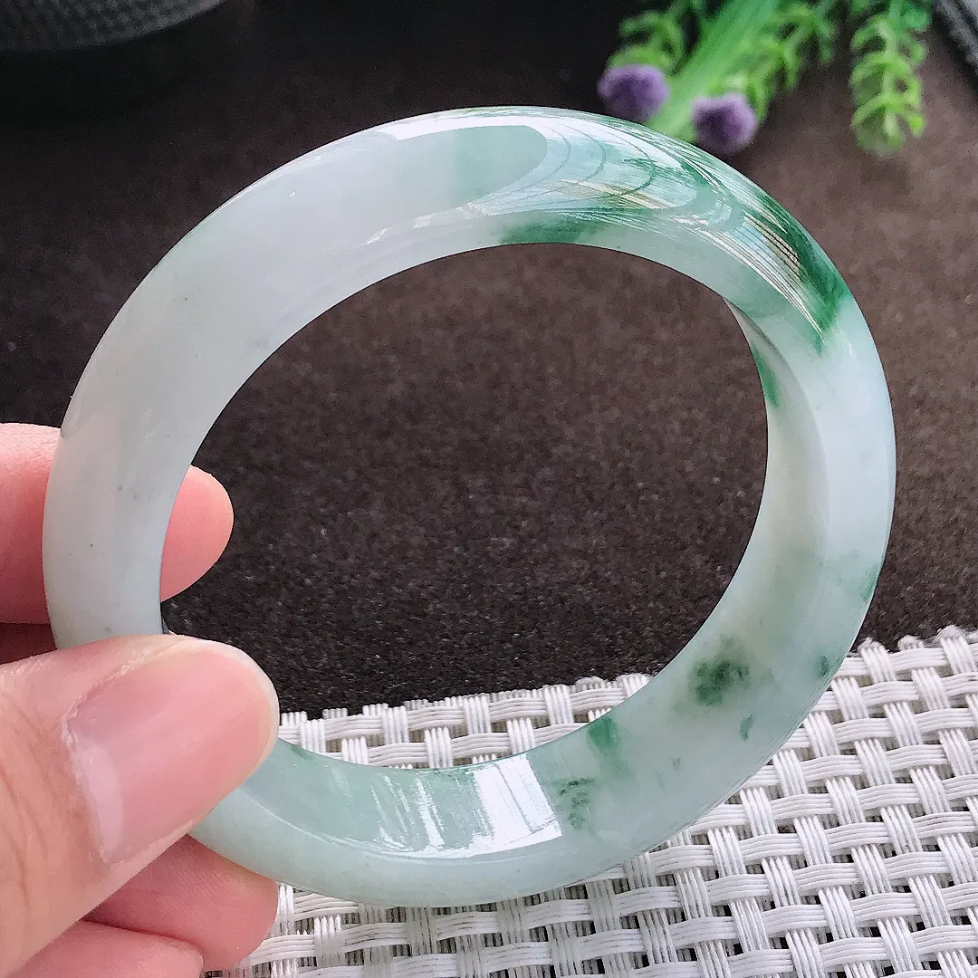 天然a货翡翠55.5/14.5/8.5老坑冰润水灵飘花手镯宽边玉手镯