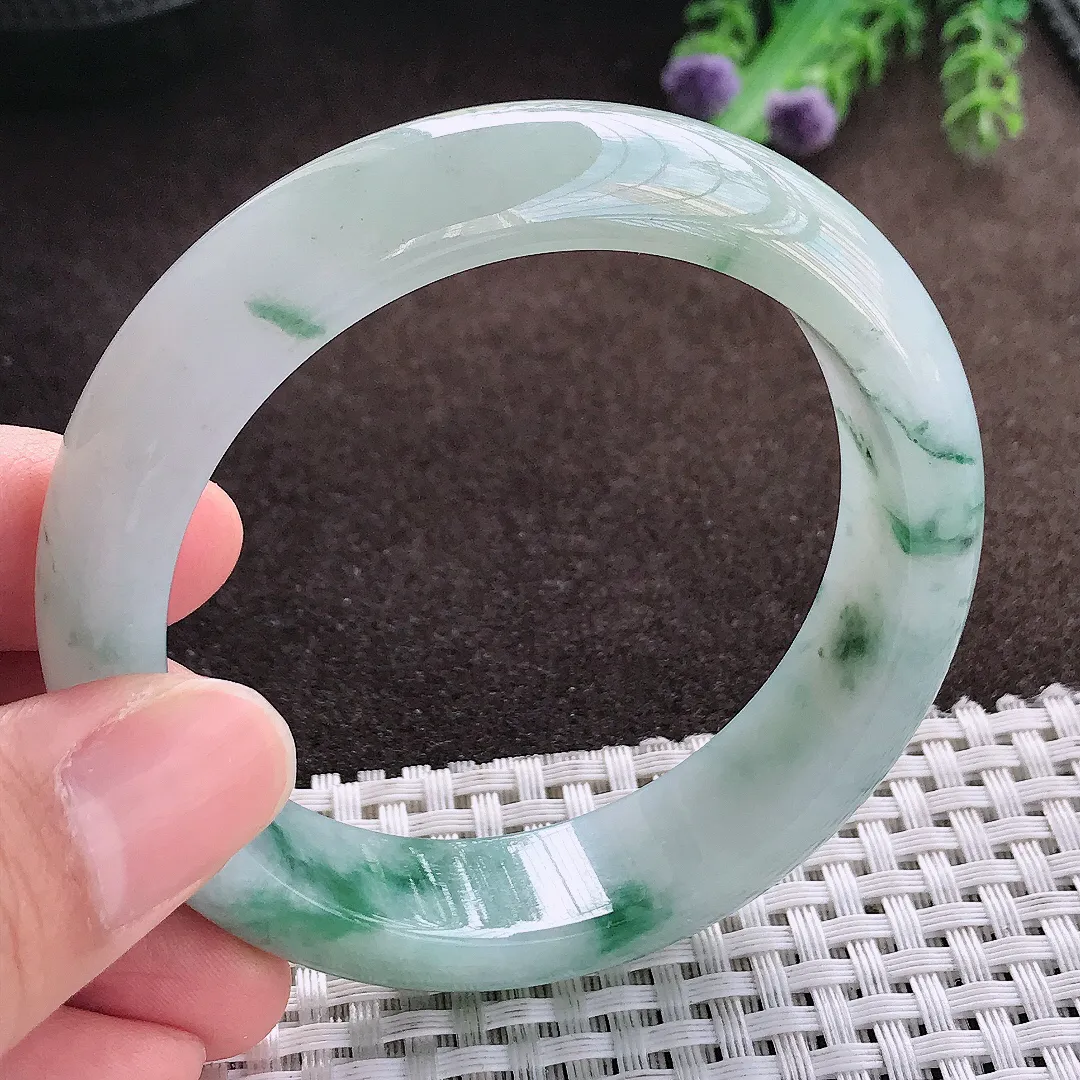 天然a货翡翠55.5/14.5/8.5老坑冰润水灵飘花手镯宽边玉手镯