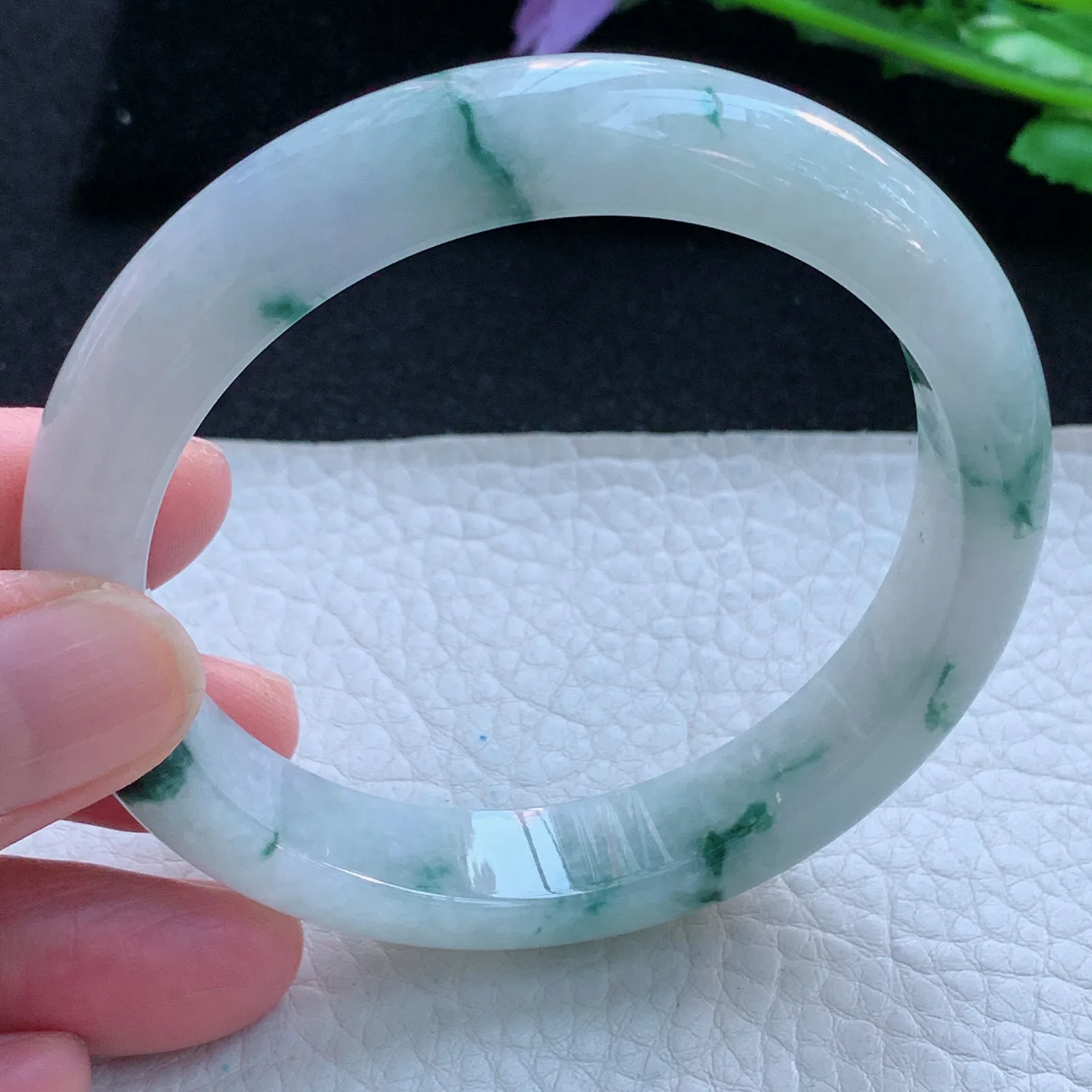 jx自然光58.5*12*8平安镯 缅甸翡翠a货玉手镯冰飘花宽边玉手环