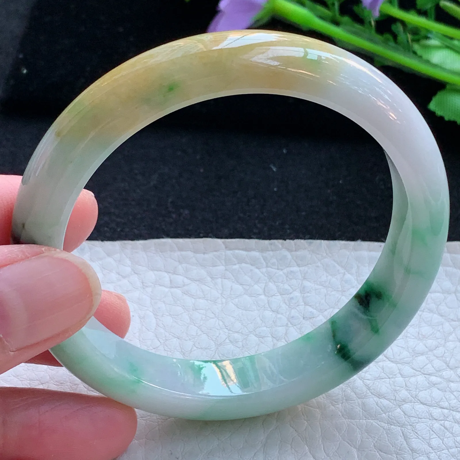 h自然光57.5*12*8平安镯 缅甸翡翠a货玉手镯三彩宽边玉手环