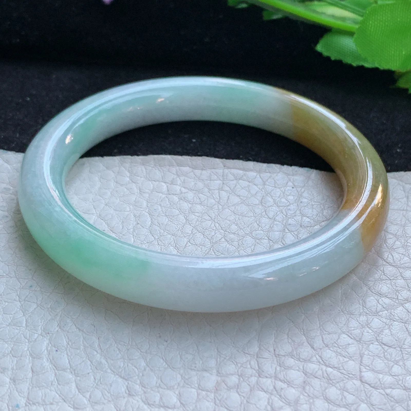 mq自然光54.5*9.5*9美人镯 缅甸翡翠a货玉手镯三彩圆条珠宝玉手环