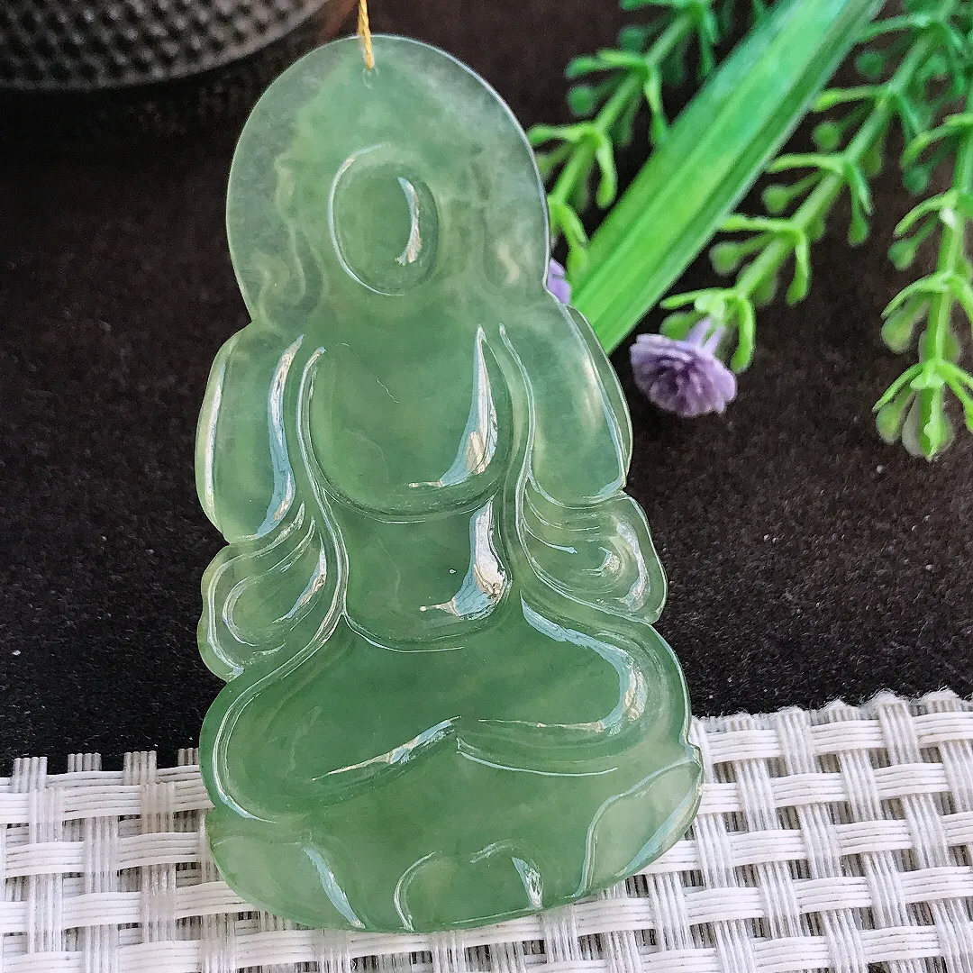 天然a货翡翠66/36.3/5.2老坑冰种果冻胶冰晴满绿渡母菩萨吊坠翡翠玉挂件