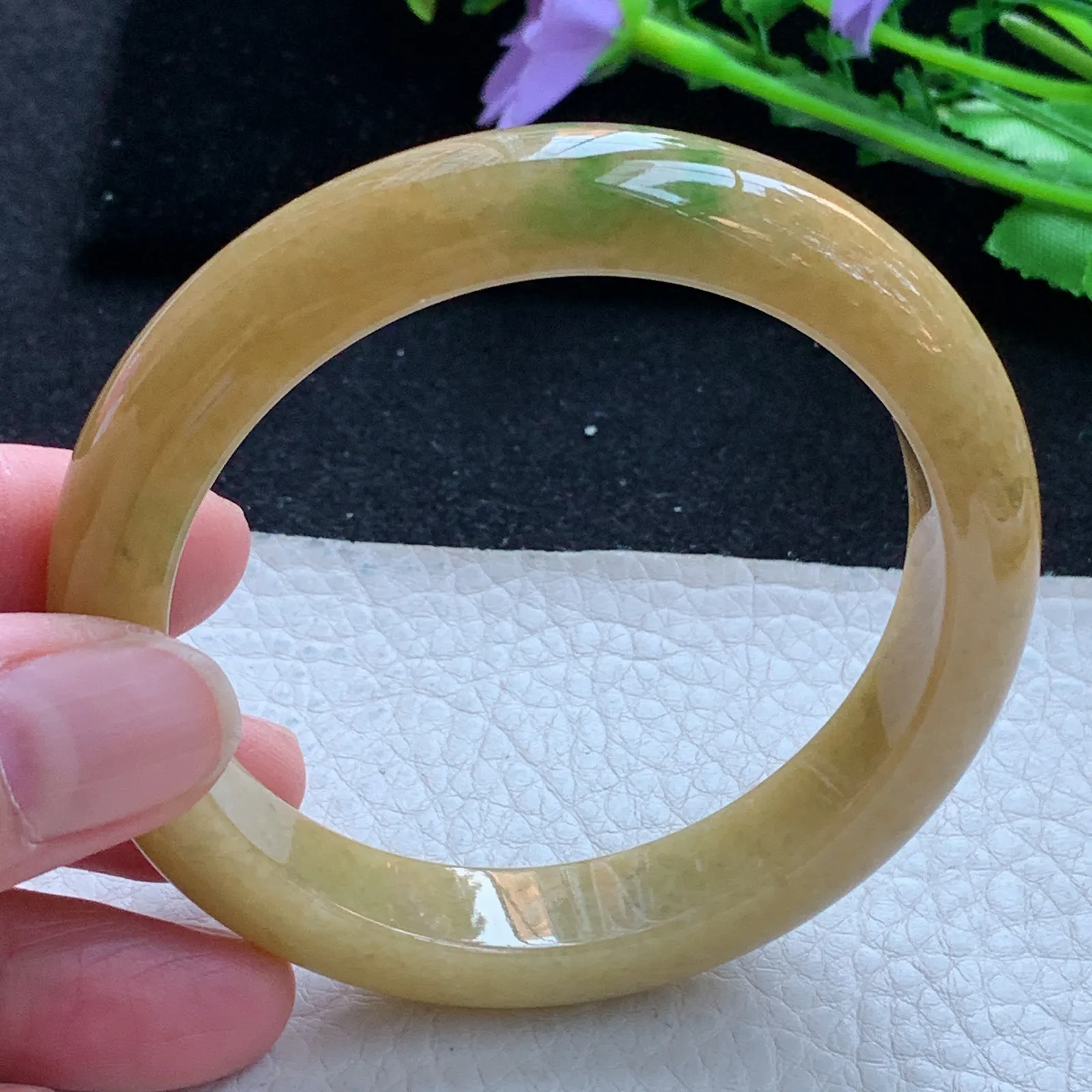 z自然光58*12*8.5平安镯 缅甸翡翠a货玉手镯黄加绿宽边珠宝玉手环