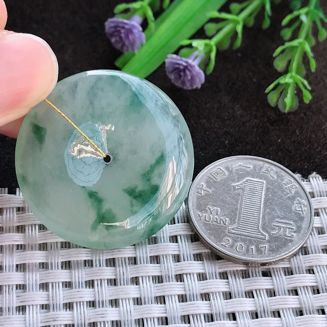 天然a货翡翠33.8/6老坑冰胶水灵飘花平安扣吊坠翡翠玉挂件
