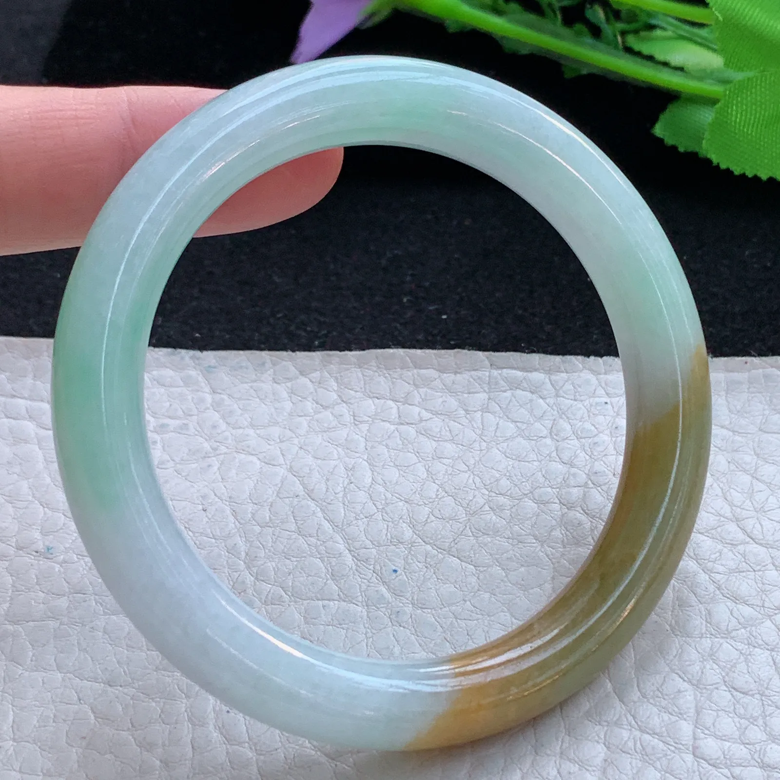 mq自然光54.5*9.5*9美人镯 缅甸翡翠a货玉手镯三彩圆条珠宝玉手环