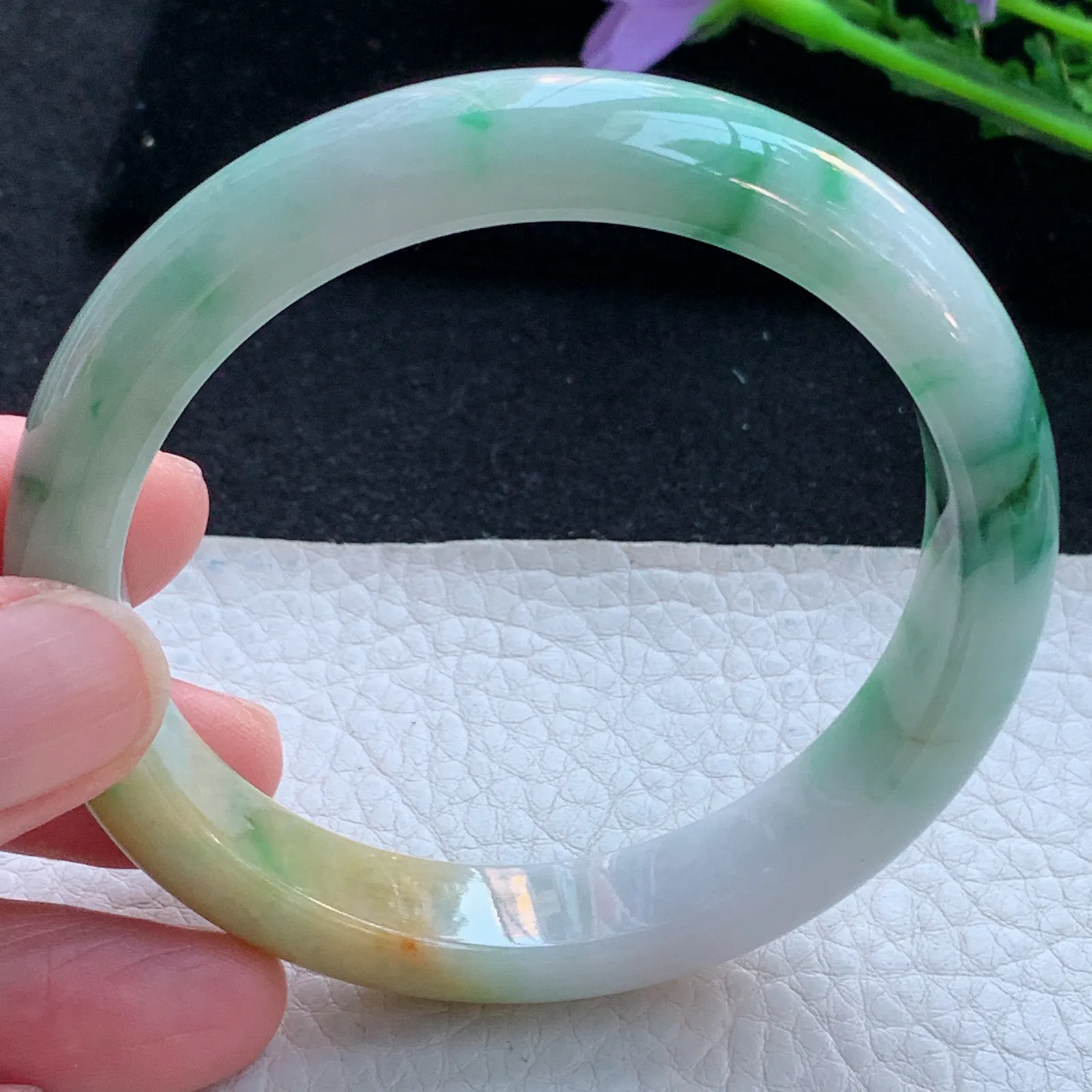h自然光57.5*12*8平安镯 缅甸翡翠a货玉手镯三彩宽边玉手环