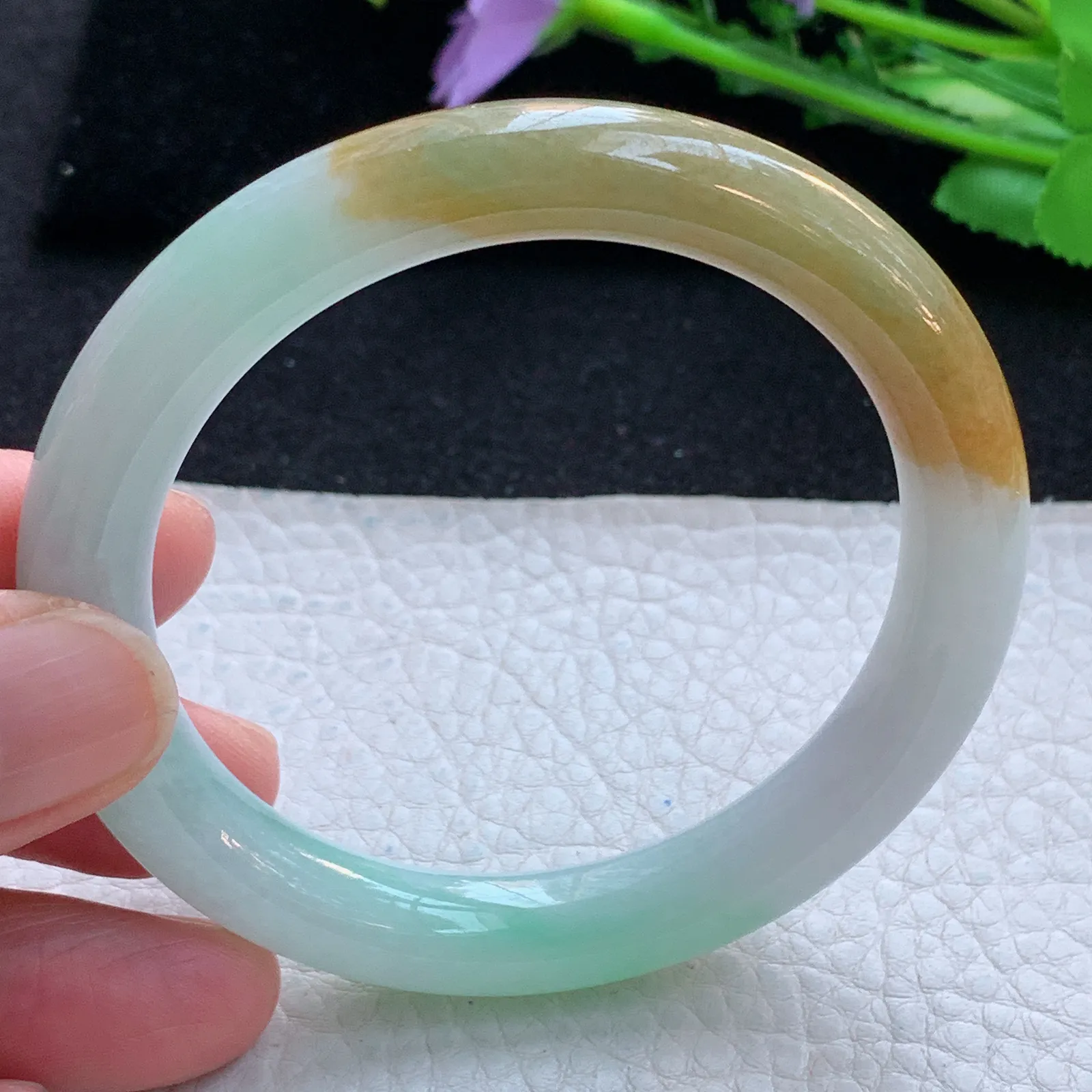 mq自然光54.5*9.5*9美人镯 缅甸翡翠a货玉手镯三彩圆条珠宝玉手环