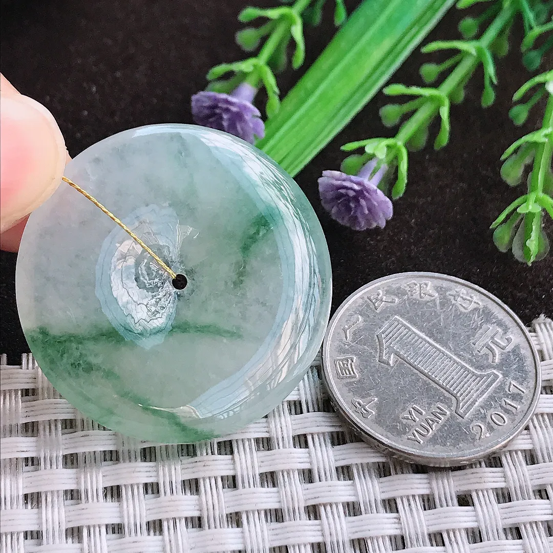 天然a货翡翠34.5/5.5老坑冰透果冻胶飘花平安扣吊坠翡翠玉挂件