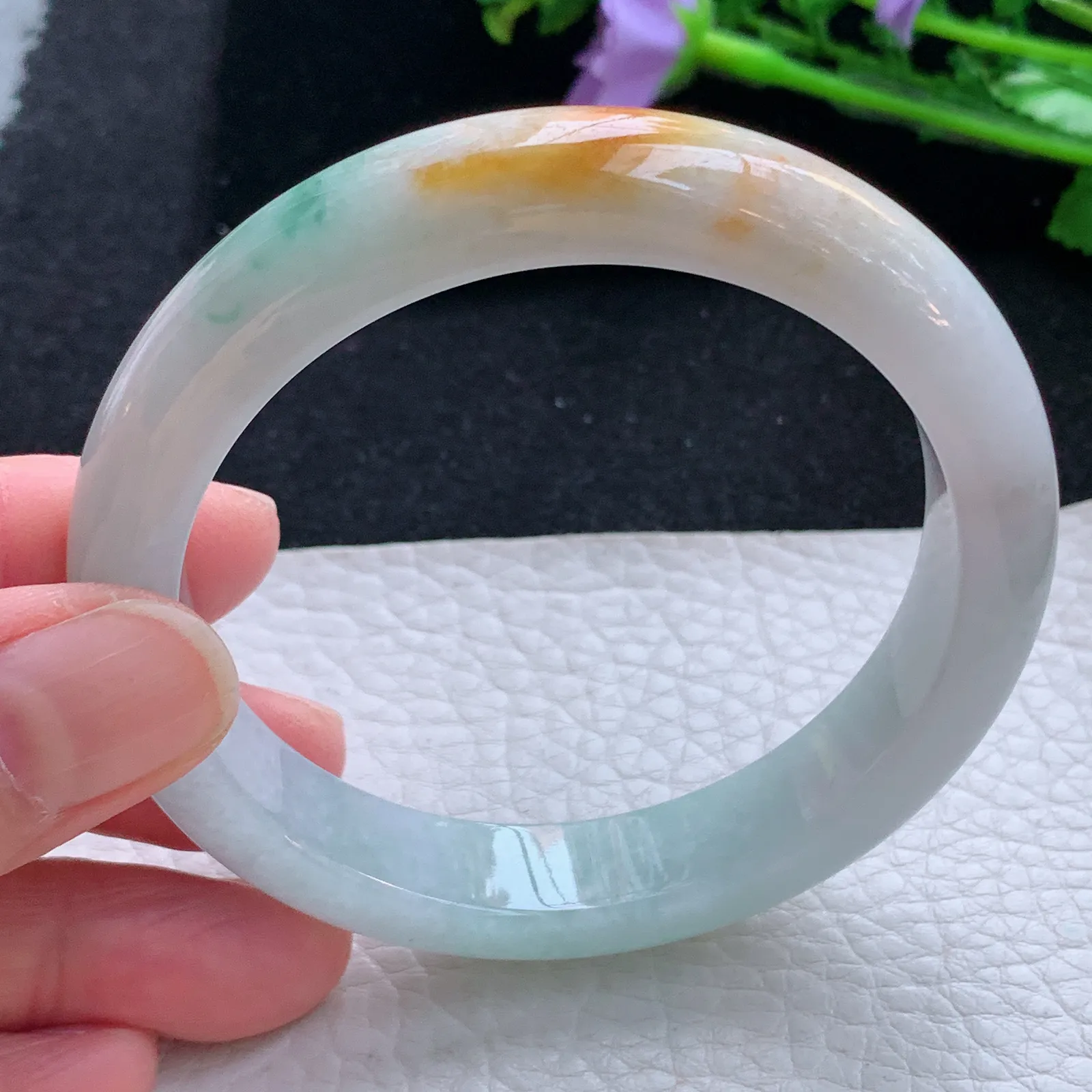 xc自然光57*12*8.3平安镯 缅甸翡翠a货玉手镯三彩厚装宽边玉手环