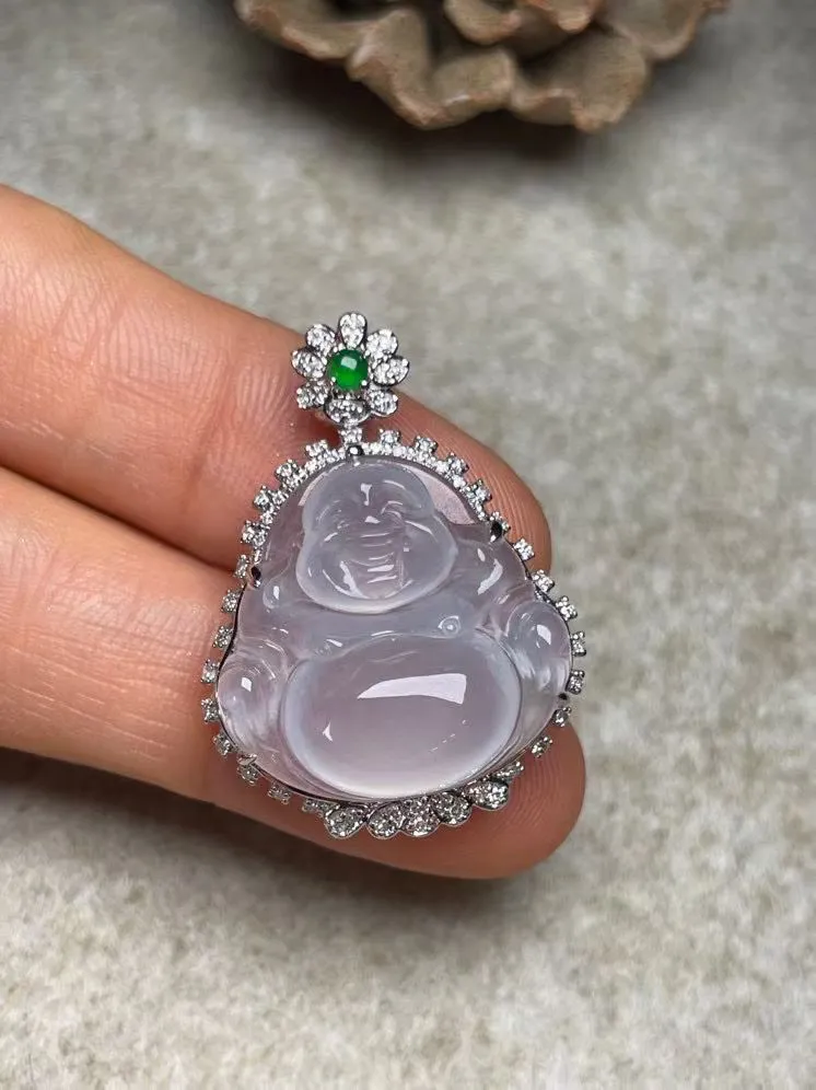 冰种佛公吊坠、真金真钻镶嵌，种水好，玉质细腻 .裸石尺寸 20.2*19.5