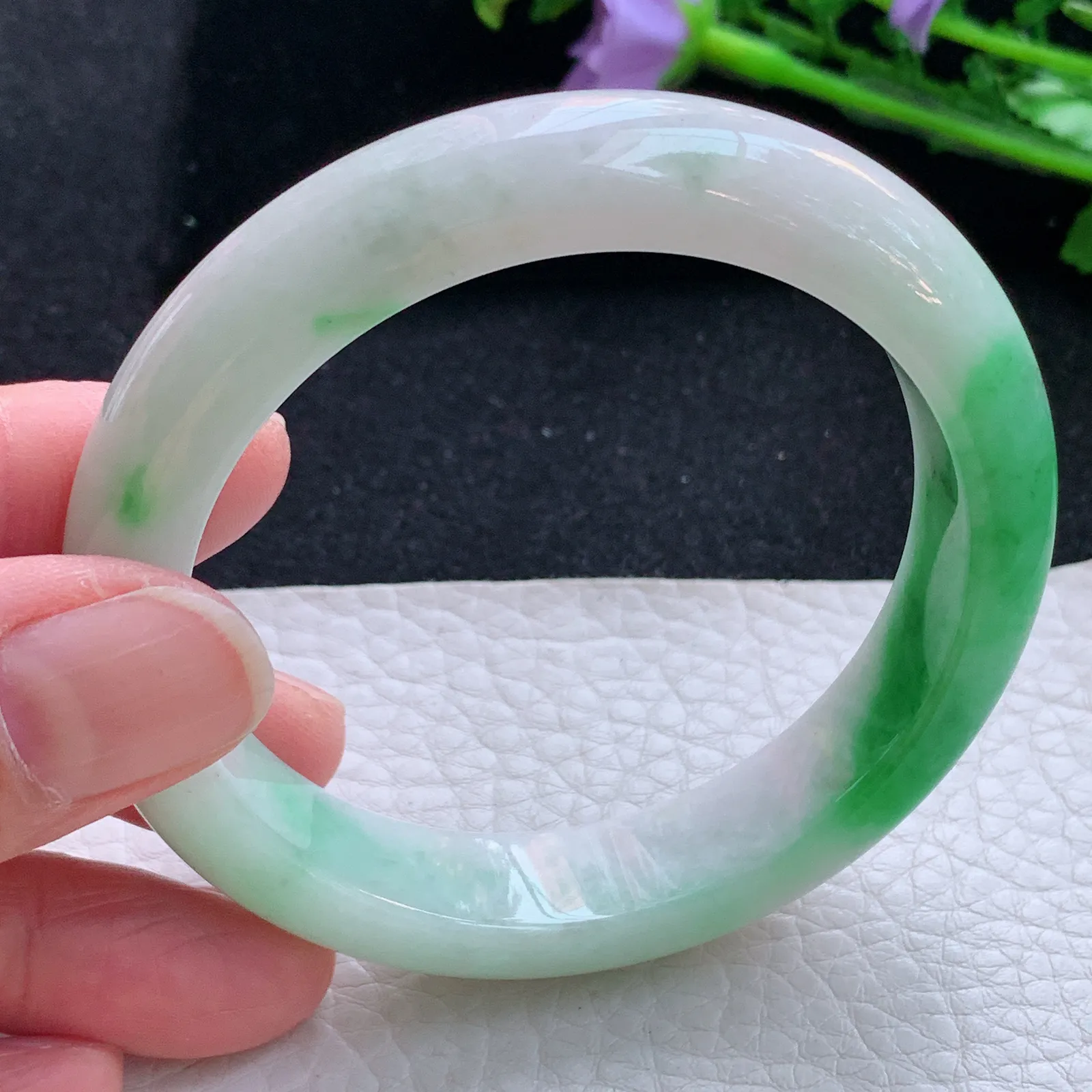 xc自然光57*12.8*8.3平安镯 缅甸翡翠a货玉手镯飘阳绿宽边玉手环