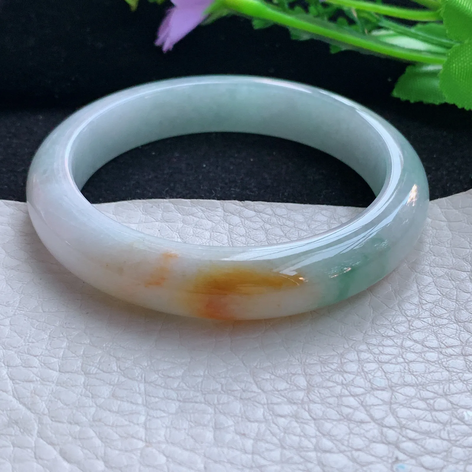 xc自然光57*12*8.3平安镯 缅甸翡翠a货玉手镯三彩厚装宽边玉手环