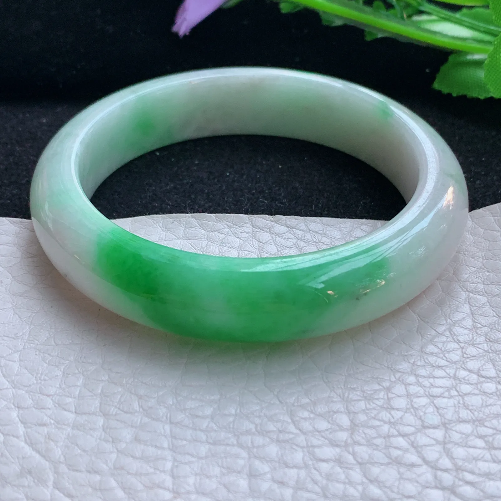 xc自然光57*12.8*8.3平安镯 缅甸翡翠a货玉手镯飘阳绿宽边玉手环