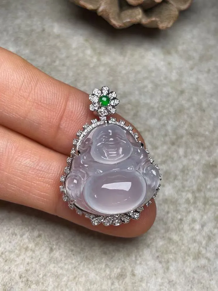 冰种佛公吊坠、真金真钻镶嵌，种水好，玉质细腻 .裸石尺寸 20.2*19.5