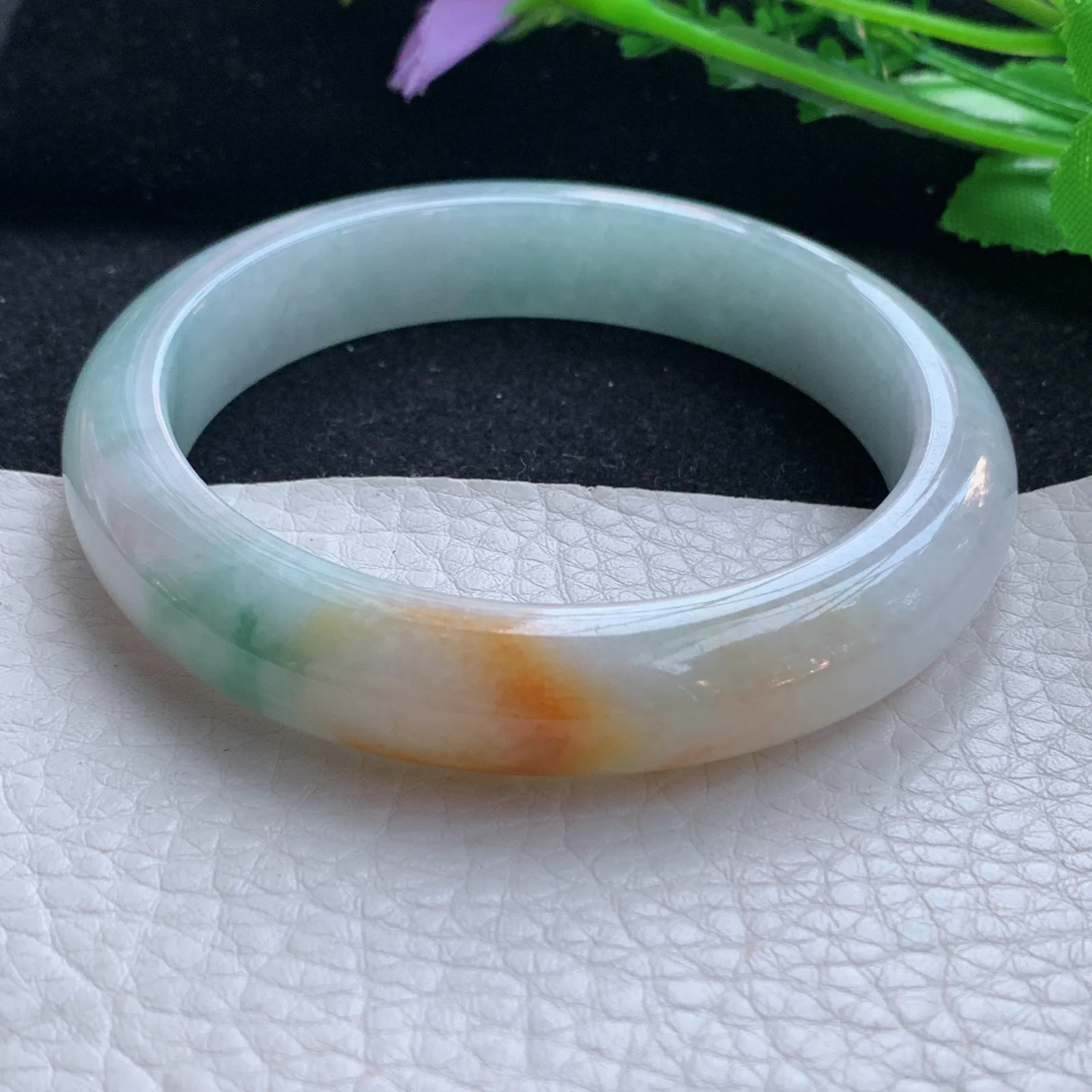 xc自然光57*12*8.3平安镯 缅甸翡翠a货玉手镯三彩厚装宽边玉手环