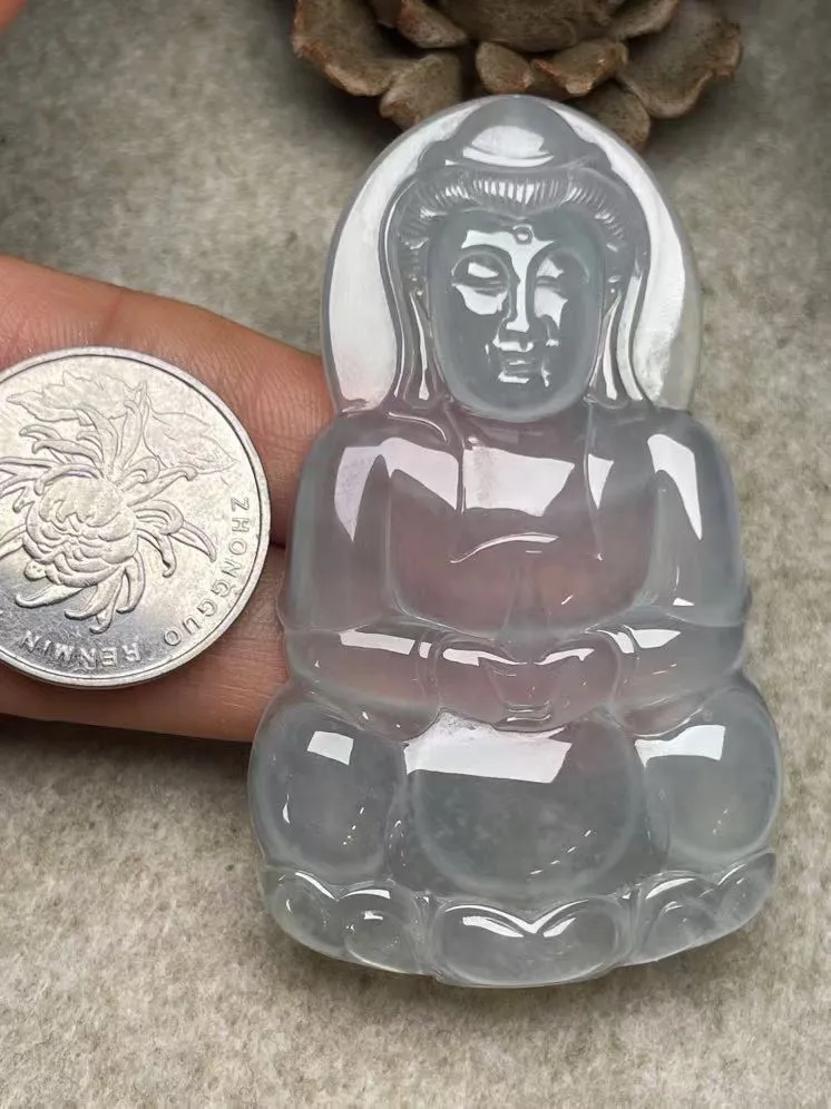冰种【立体观音】吊坠，种水好，玉质细腻 ，卖相好‘