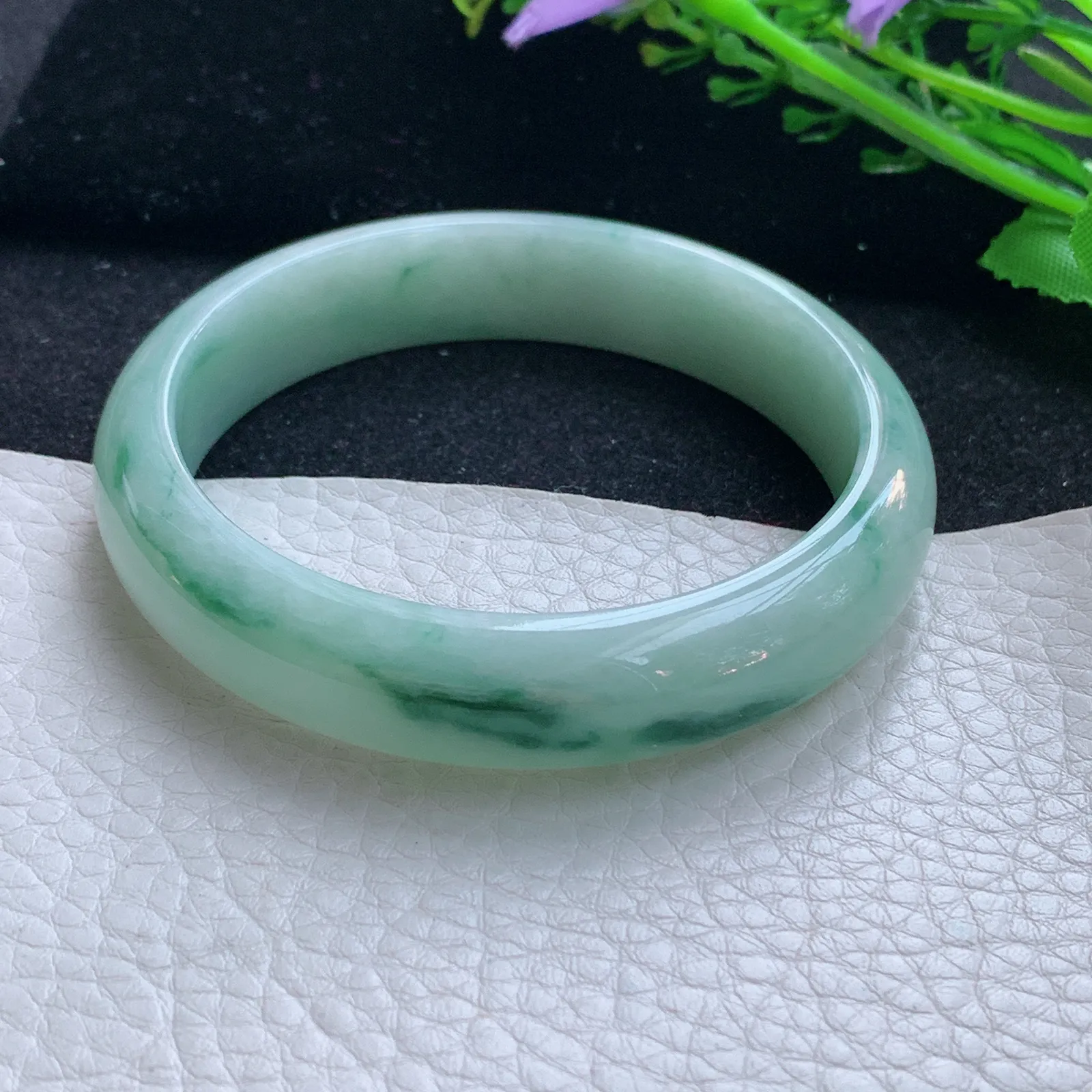 hy自然光59*13.6*7.3平安镯 缅甸翡翠a货玉手镯飘花宽边玉手环