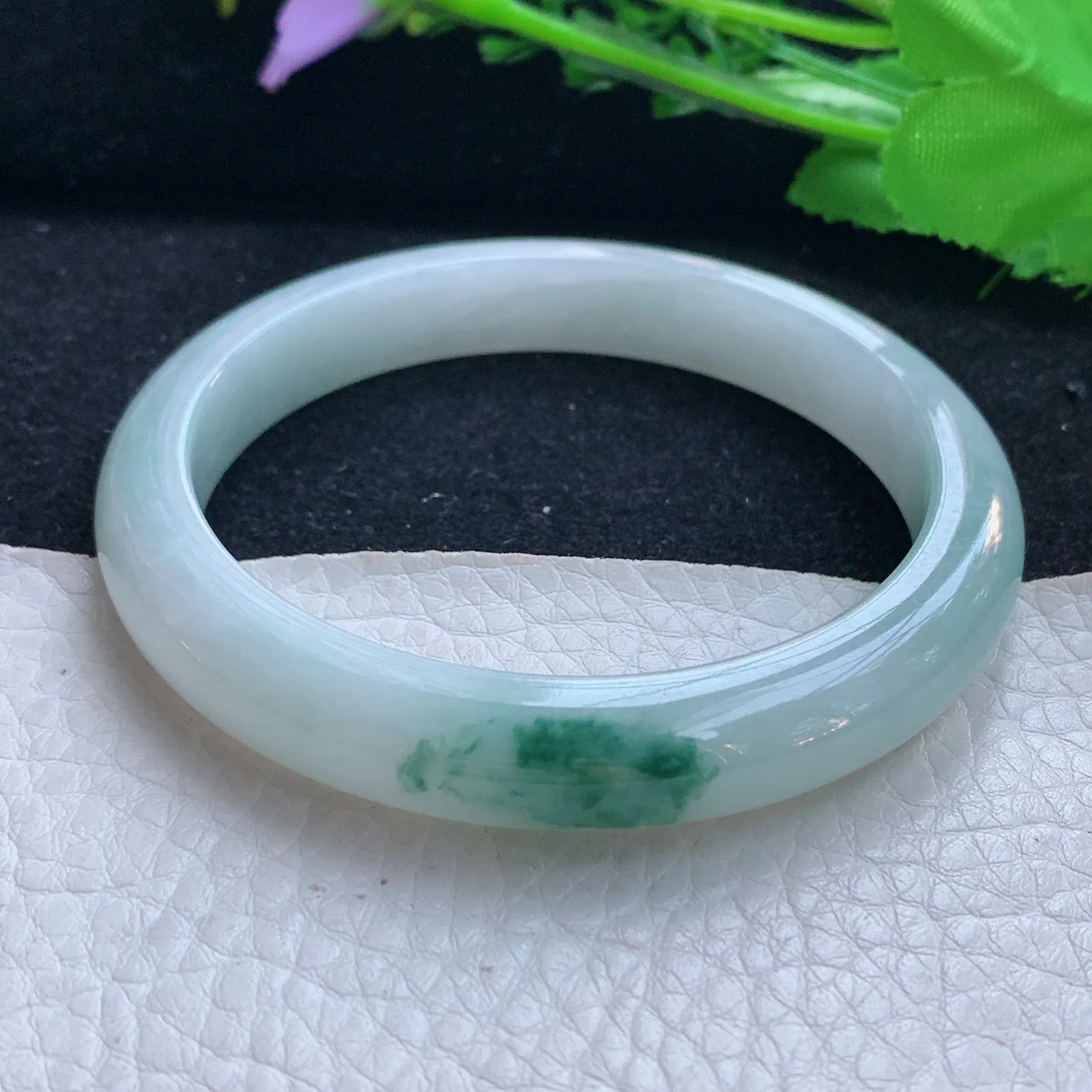 yw5自然光57*10.2*7.5平安镯 缅甸翡翠a货玉手镯飘花秀气宽边玉手环