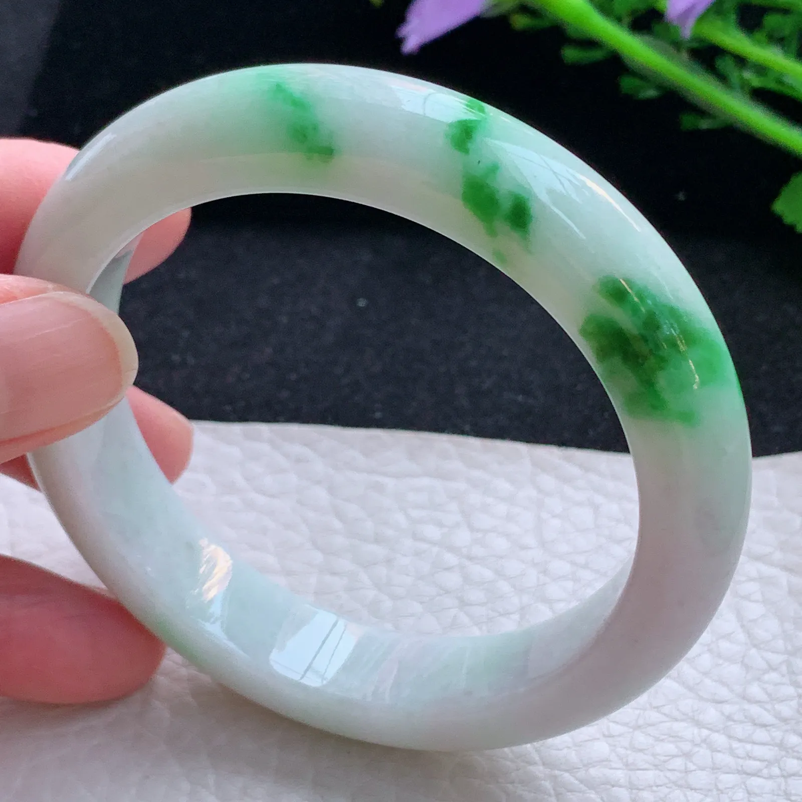hy自然光57*12.5*8.6平安镯 缅甸翡翠a货玉手镯飘绿花厚装宽边玉手环